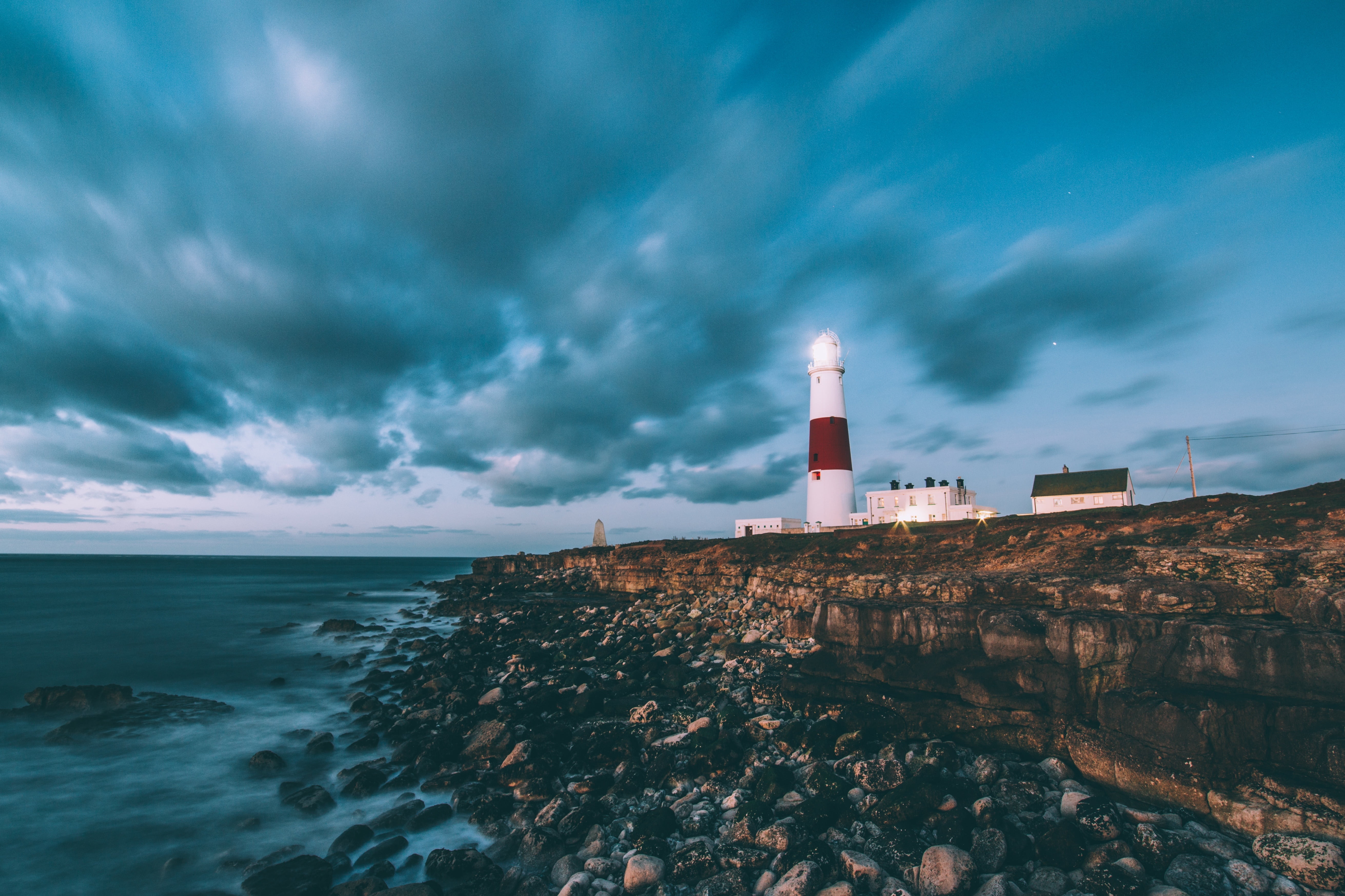 coastline, outdoors, seashore, searchlight, lighthouse, land, cloud - sky, beacon, scenic, nautical, landscape, nature, light, built structure, building, HD Wallpaper