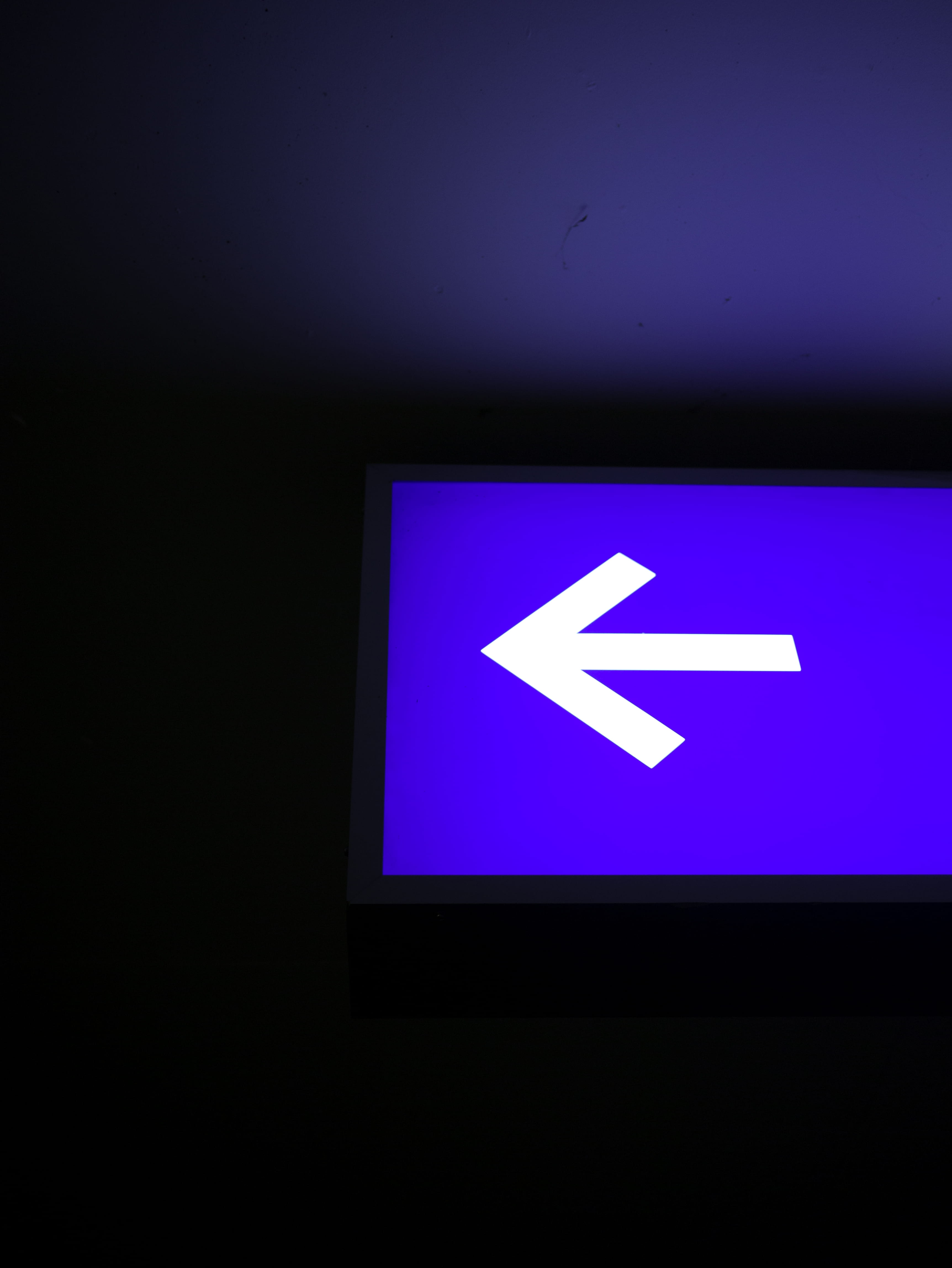 guidance, night, arrow, close-up, illuminated, traffic, no people, parking, technology, arrow symbol, exit sign, glowing, direction, indoors, blue, left, Phone HD Wallpaper