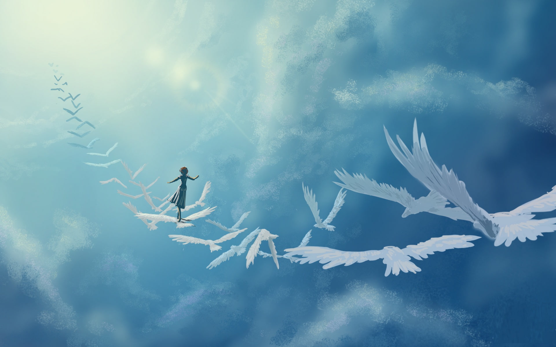 art, may, 1080P, flying, Art And Creative, boy, light, sky, birds, will, guide, HD Wallpaper