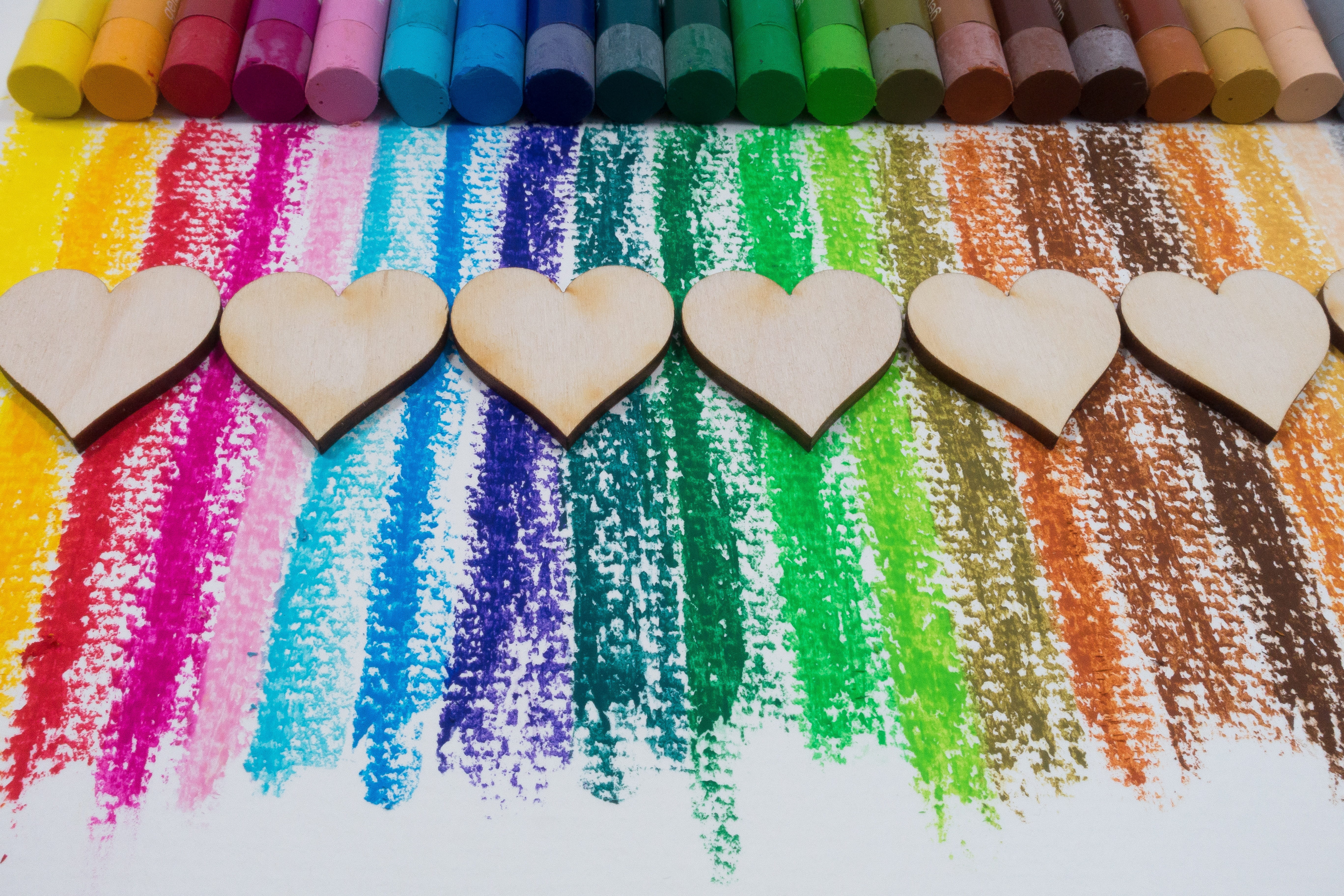 heart, red, paper, decoration, side by side, multi colored, love, close-up, oil pastels, order, orange, color, affection, large group of objects, color spectrum, HD Wallpaper