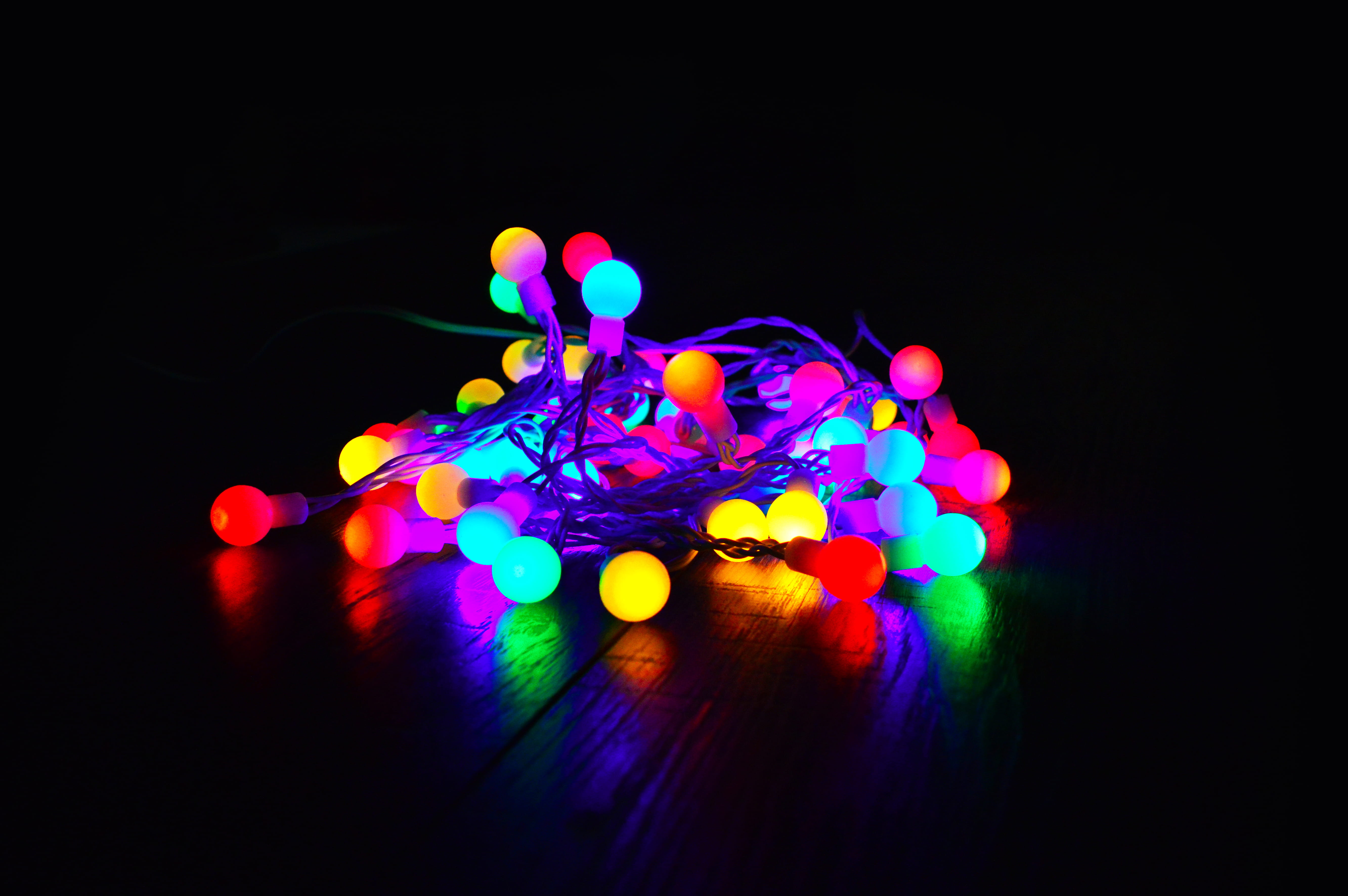 illuminated, connection, assorted, room, multi colored, string, abstract, bulbs, energy, 5K, celebration, party, color, black background, water, lights, HD Wallpaper