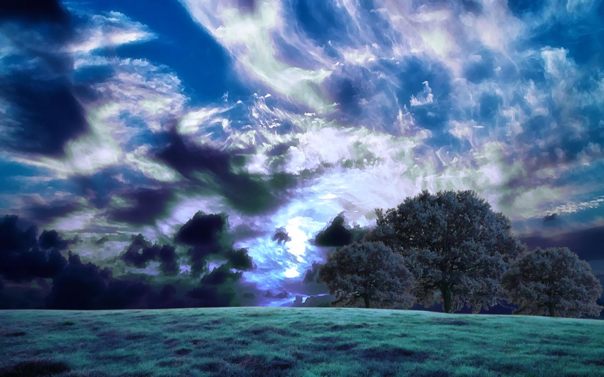 3d and abstract, primrose, hills, 1080P, blue, tree, HD Wallpaper