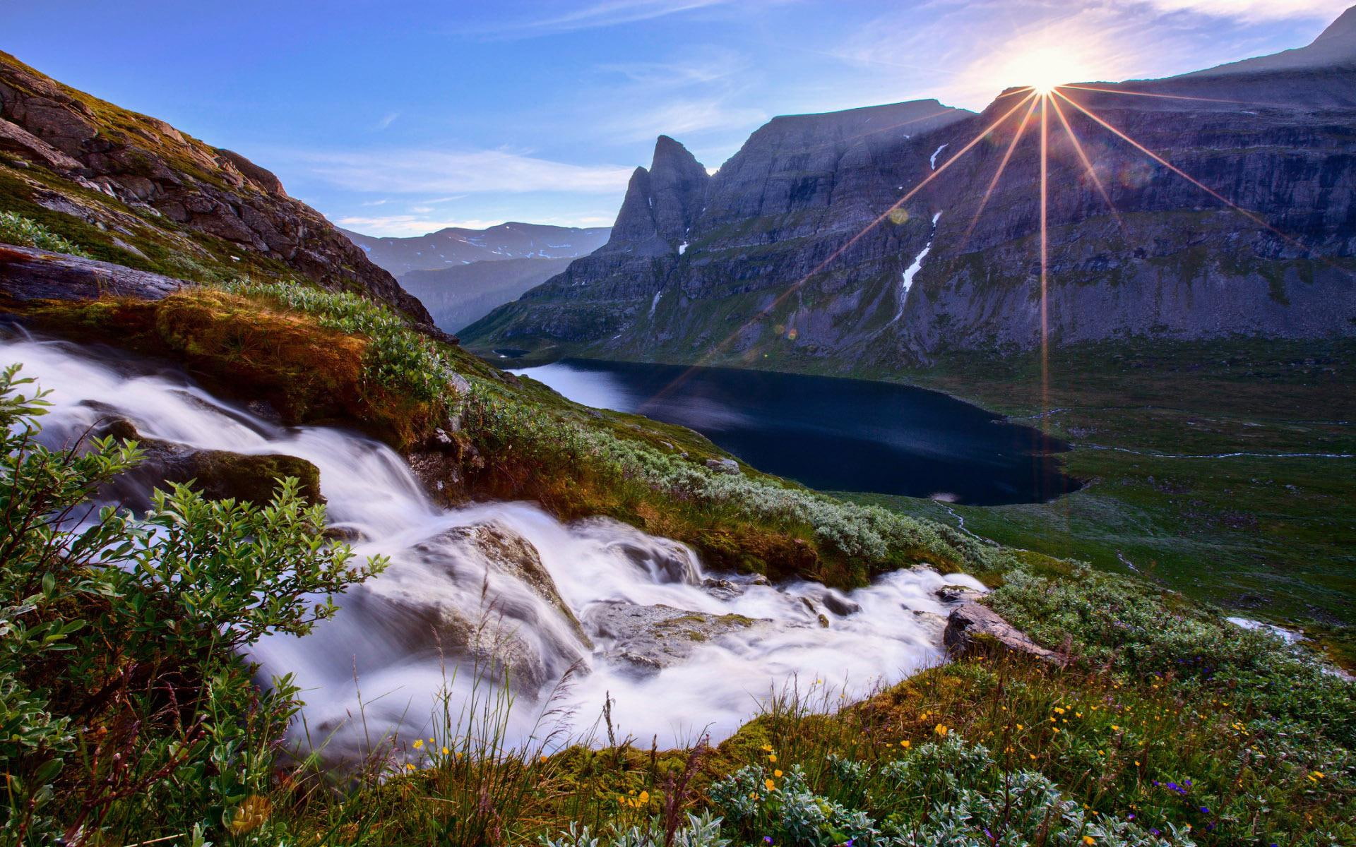 sunlit, body, nature, mountain, waterfall, 1080P, 1920x1200, water, HD Wallpaper