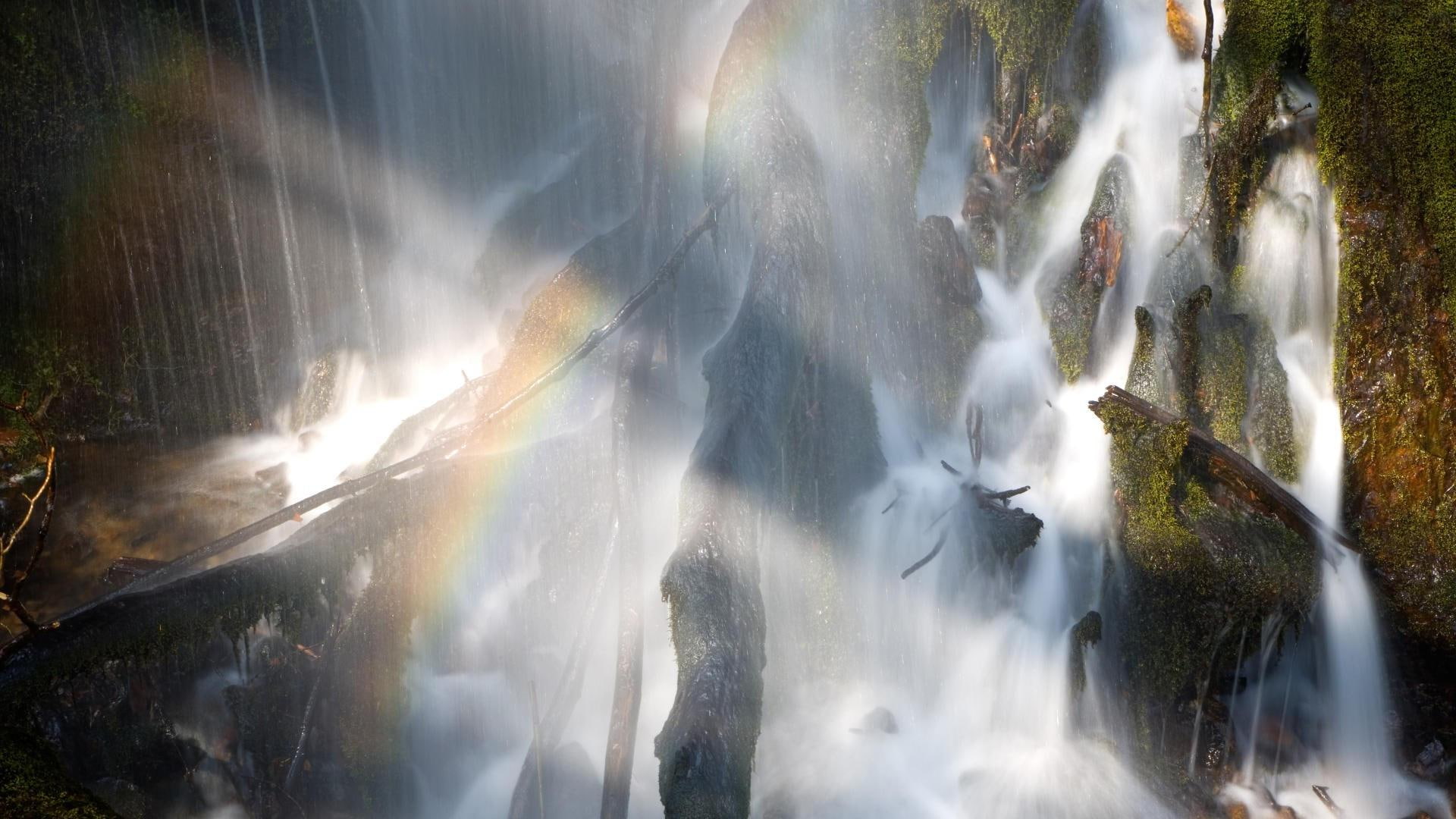 sunlit, 1080P, waterfall, 1920x1080, forming, water, rainbow, falls, nature, HD Wallpaper