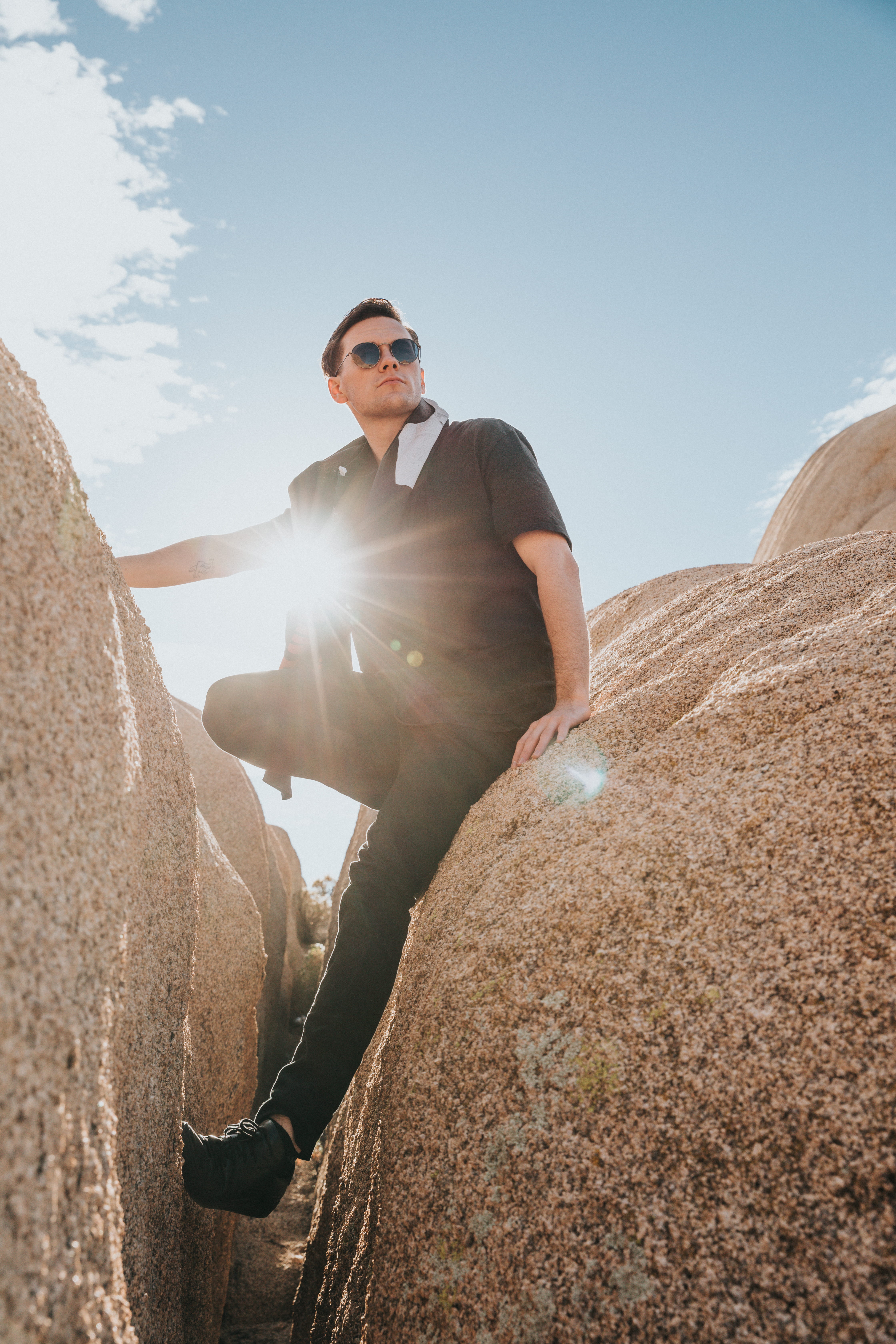 phot, day, lens flare, sunglasses, oof, sky, wearing, man, land, flare, solid, real people, daytime, rock - object, shirt, outdoors, rock, lifestyles, young men, Phone HD Wallpaper