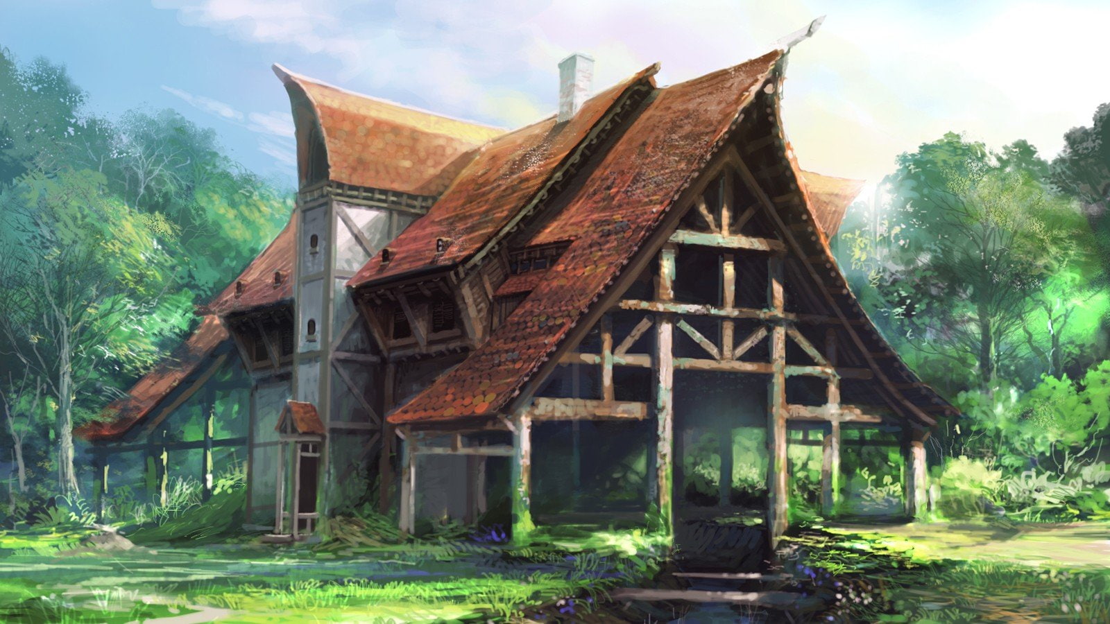 wood - material, bears, x, fantasy, sky, house, outdoors, abandoned, paintings, deterioration, 1600x900 px, artwork, cloud - sky, nature, damaged, obsolete, HD Wallpaper