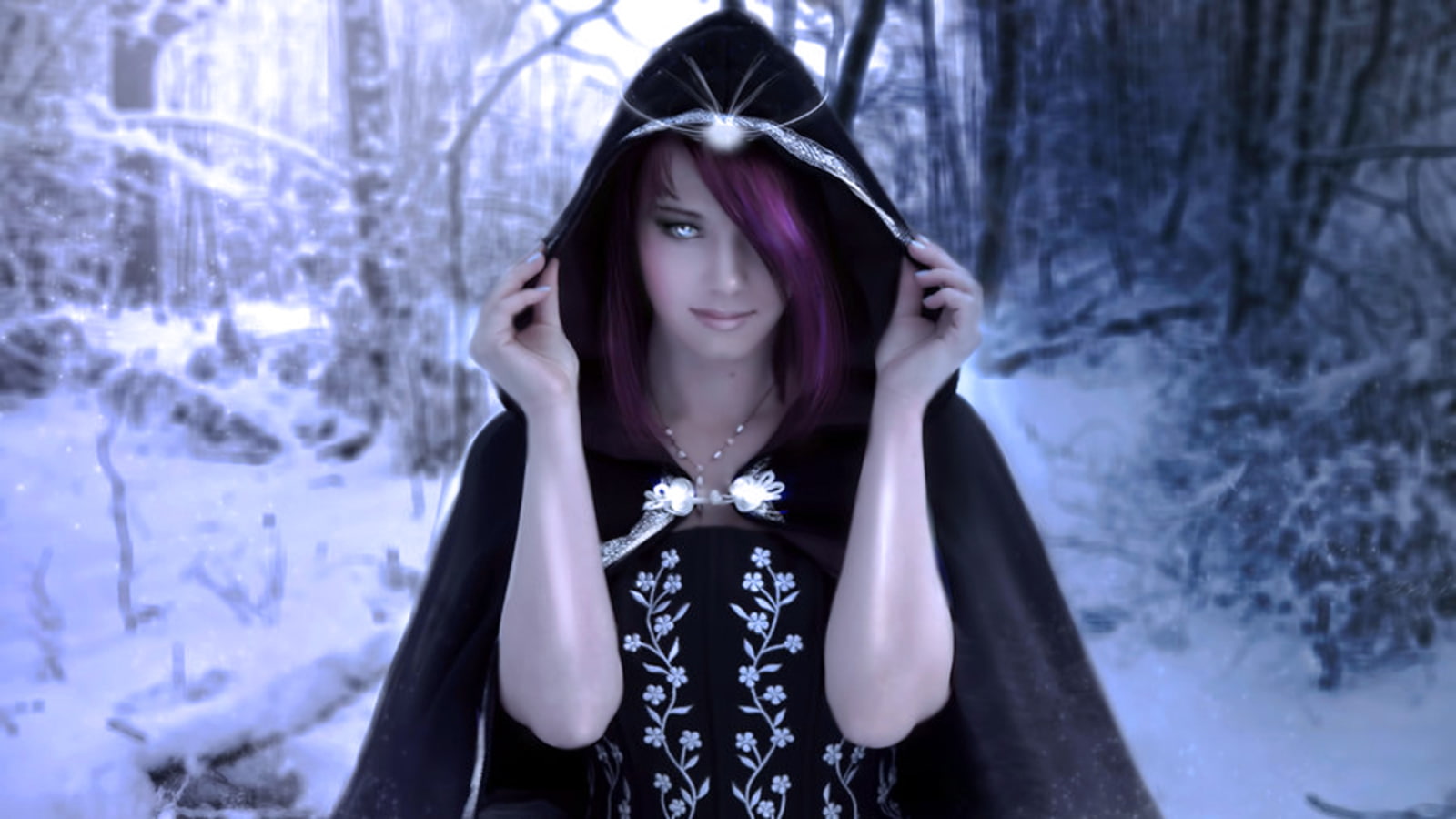 standing, adult, looking at camera, winter, women, hairstyle, tree, young adult, one person, focus on foreground, clothing, witch, portrait, land, hood - clothing, HD Wallpaper