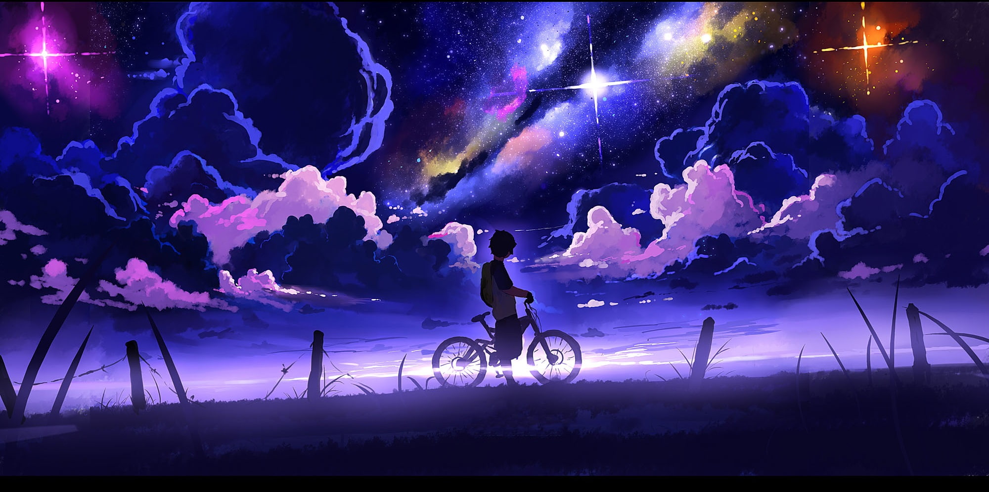 bikes, painting, stars, landscape, digital art, illustration, 1080P, night, clouds, children, space, HD Wallpaper