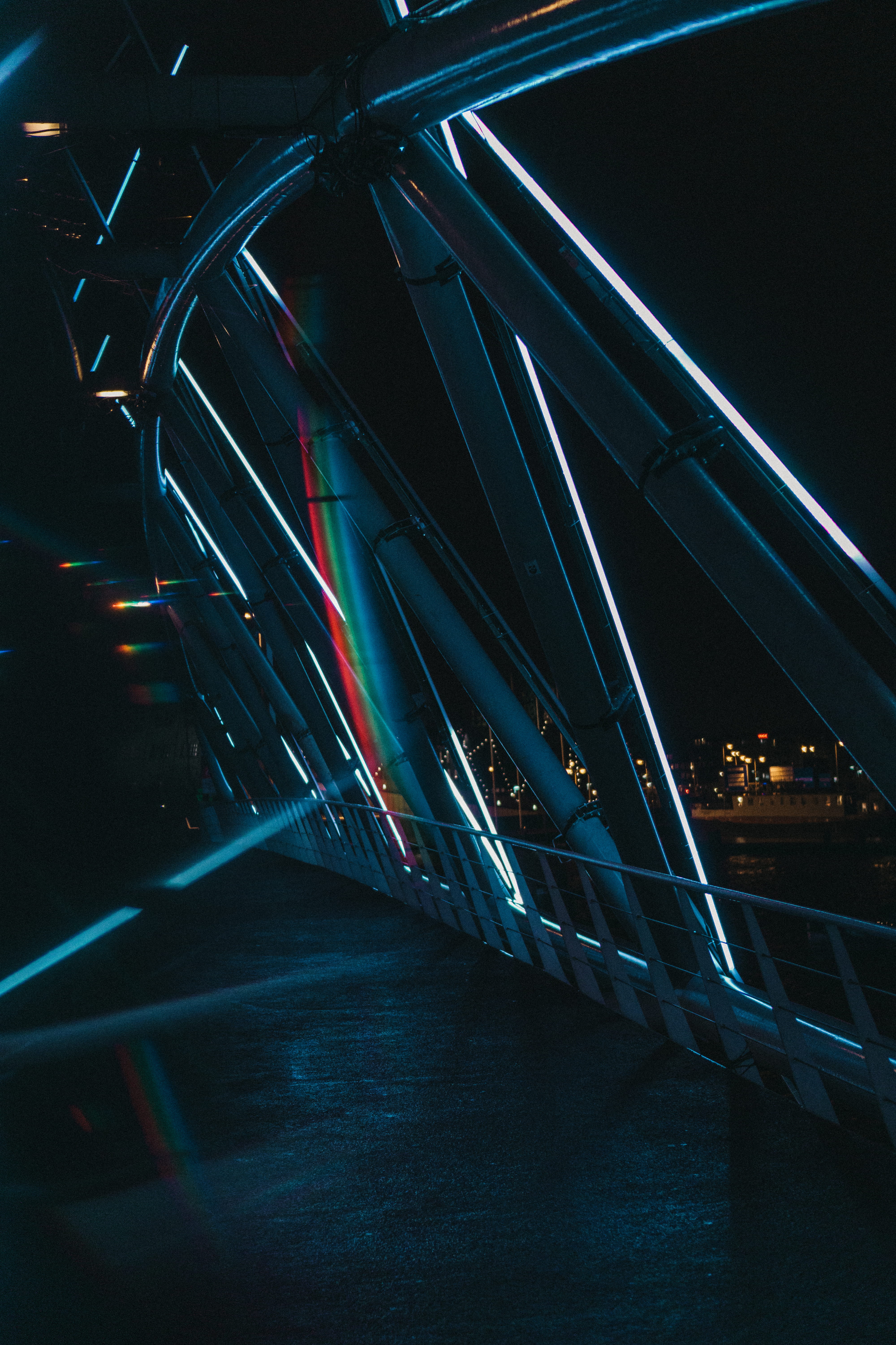 suspension bridge, mode of transportation, light trail, night, blurred motion, framed, banister, built structure, glass, long exposure, Phone HD Wallpaper