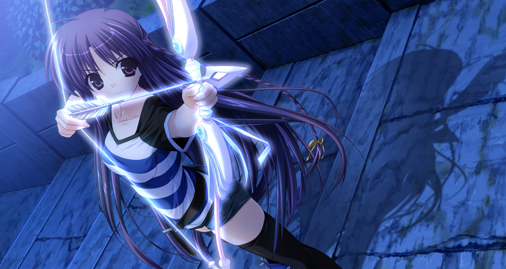 shintaro, bow, grass, weapon, clochette, tobari, game, eyes, hair, amatsumi, 720P, purple, thighhighs, sora, chisa, night, long, HD Wallpaper