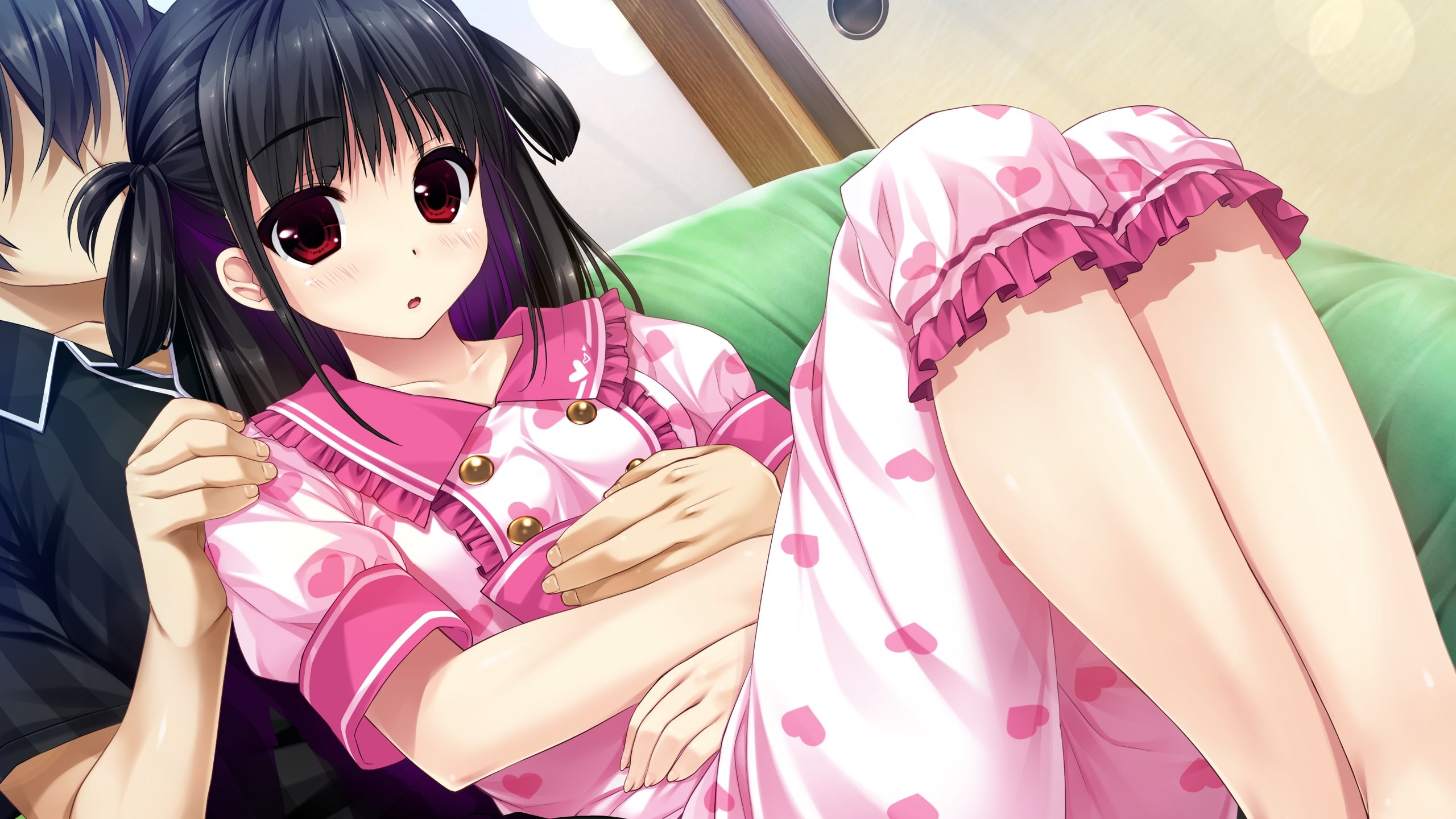 com, clochette, minamo, 2K, couch, konachan, male, long, game, miori, short, black, 247217, haruru, yamagami, ni!, blush, eyes, shintaro, red, pajamas, HD Wallpaper
