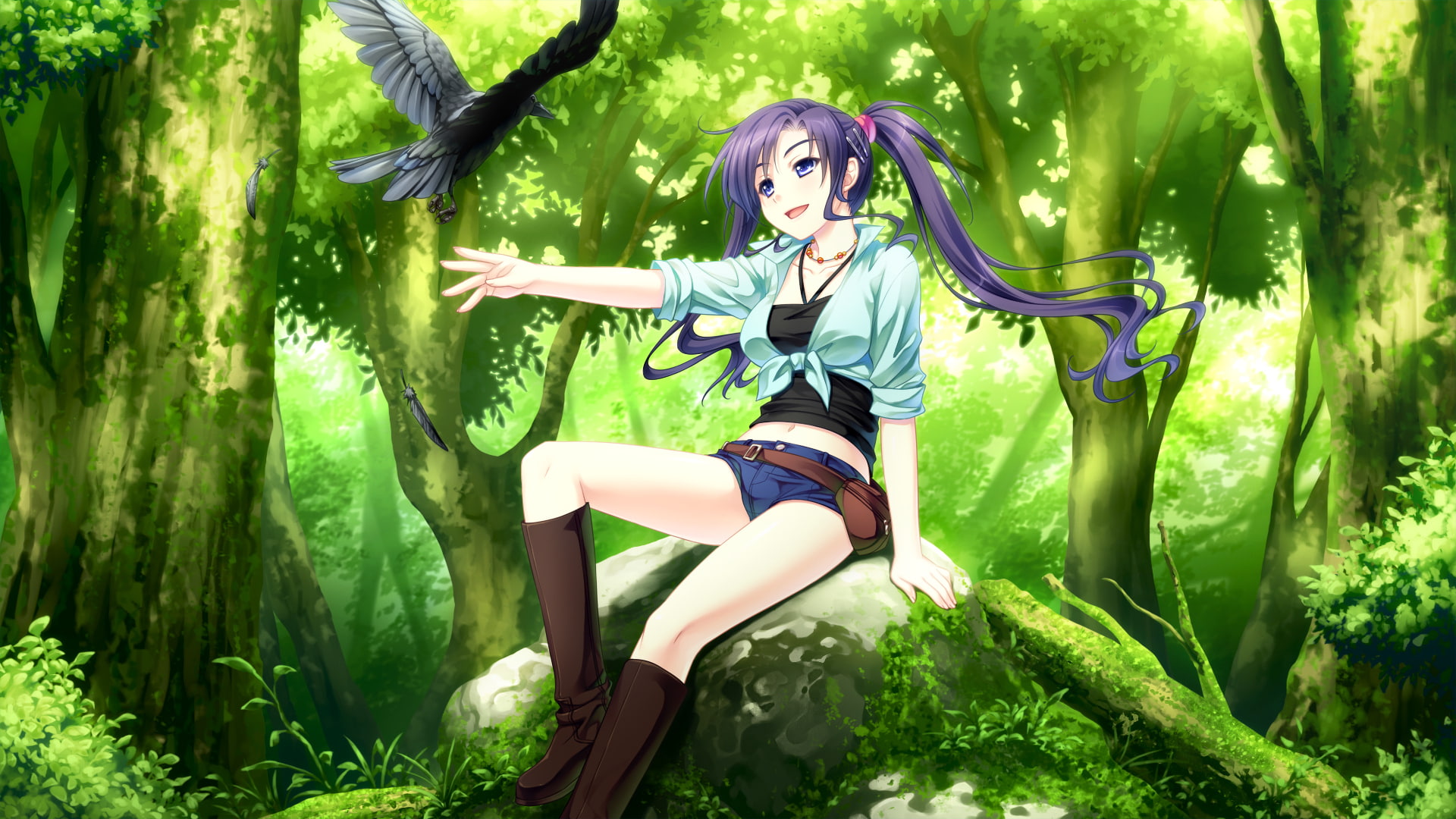 Smile, Necklace, Yae Renjou, Long Hair, Purple Eyes, Rock, Twintails, Shorts, Anime, Crow, and - Sora no Mukou de Sakimasu you ni -, Moss, Girl, Tree, Purple Hair, HD Wallpaper