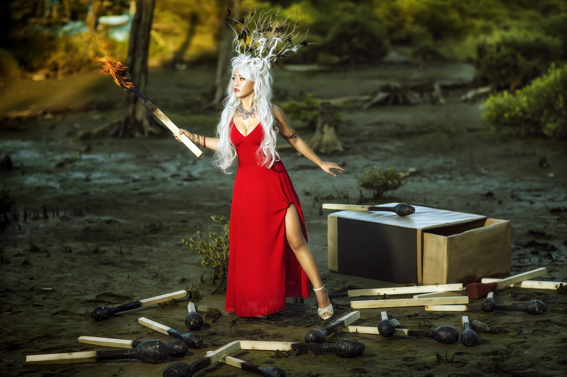 matches, 1080P, fire, women, model, matchstick, Asian, white hair, red dress, HD Wallpaper