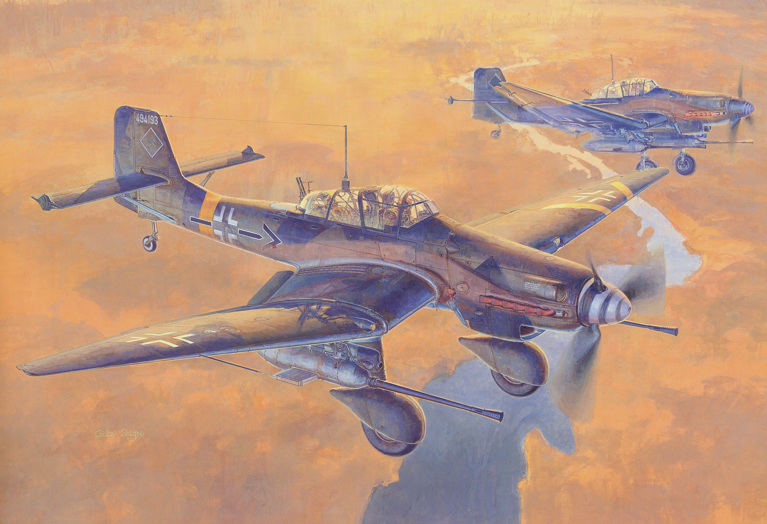 2K, bombers, figure, double, Ju 87 G, German, dive, single-engine, the sky, 37 mm, Junkers, guns, WW2, BK 37, river, art, earth, HD Wallpaper