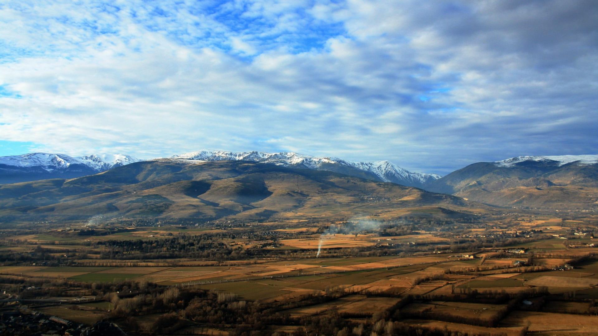 fields, panoramic, farms, rural, clouds, 1080P, view, mountains, nature and landscapes, spain, HD Wallpaper