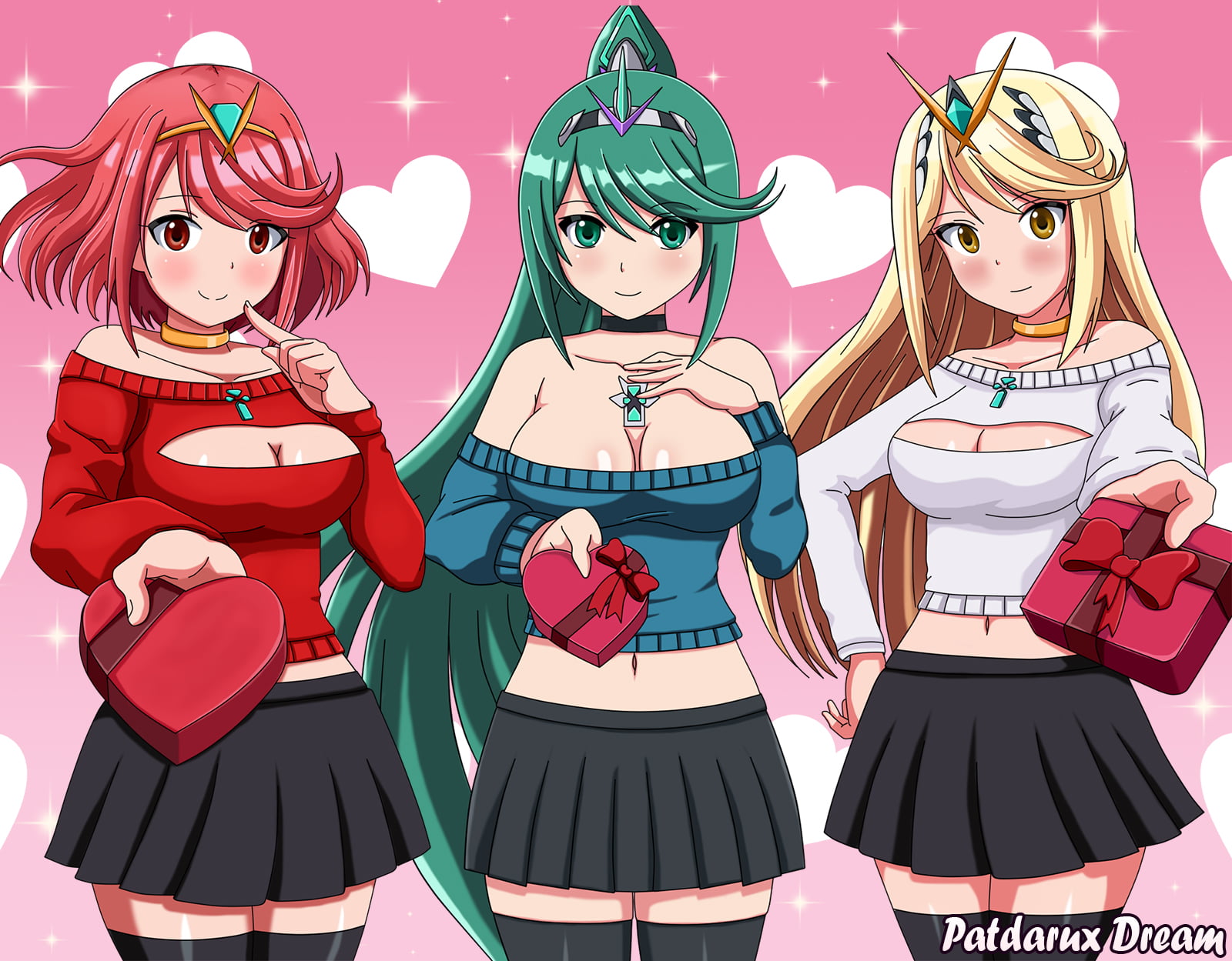 smiling, Pneuma (Xenoblade Chronciles 2), 720P, Mythra (Xenoblade), Homura (Xenoblade 2), black thigh-highs, anime girls, miniskirt, Xenoblade, Hikari (Xenoblade Chronicles 2), HD Wallpaper