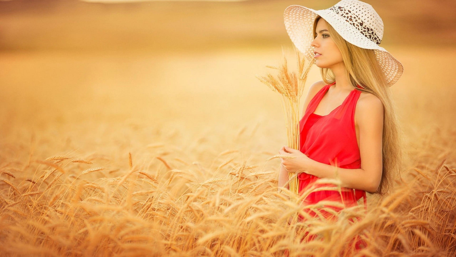 clothing, offspring, summer, women, plant, long hair, red dress, fashion, hat, 1080P, agriculture, rural scene, farmer, beauty, child, wheat, blonde, field, HD Wallpaper