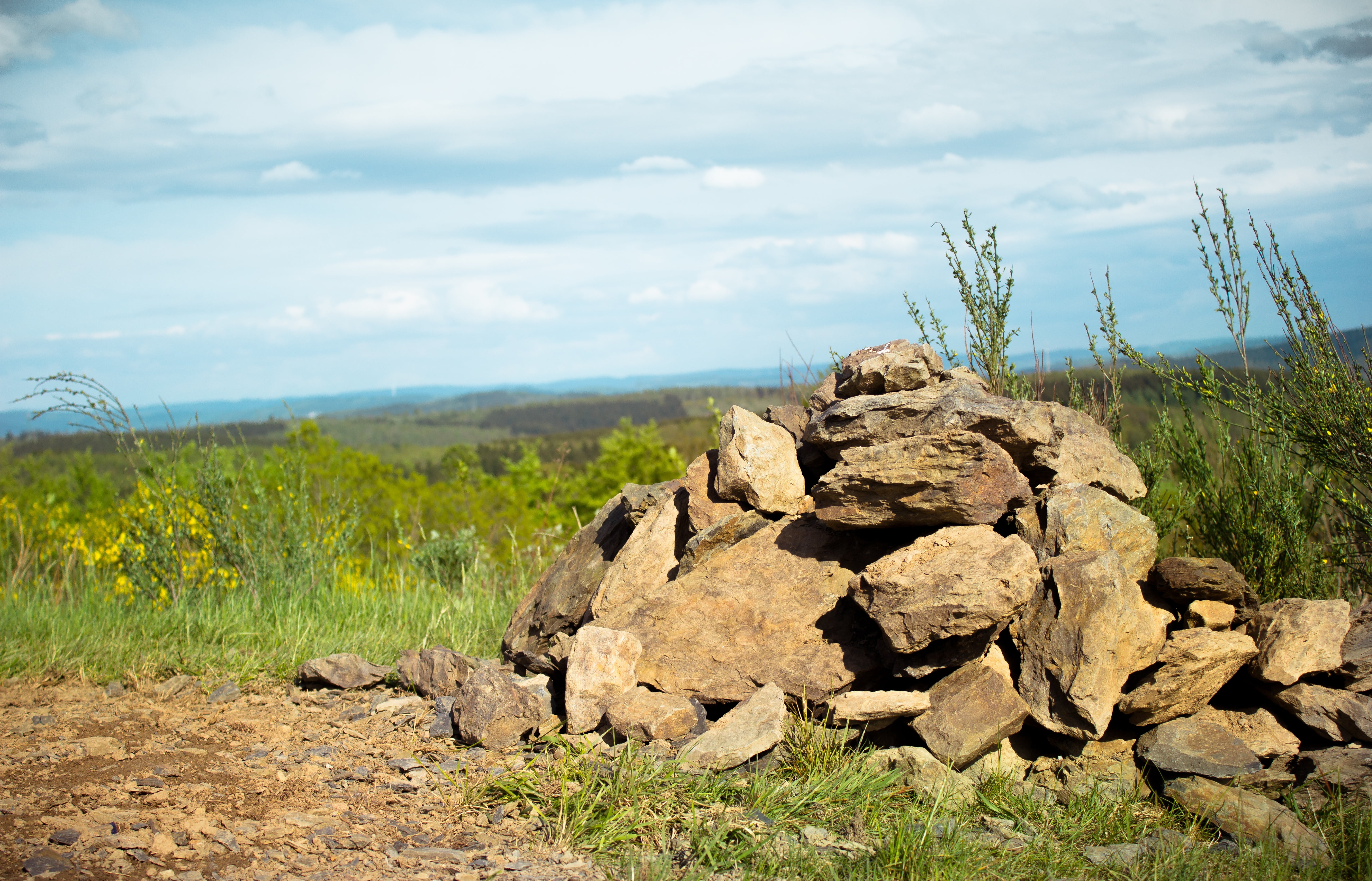 pile, grass, 5K, solid, rock, stone hill, cairn, still life, tranquility, stacked up, sky, land, plant, scenics - nature, no people, non-urban scene, tranquil scene, HD Wallpaper