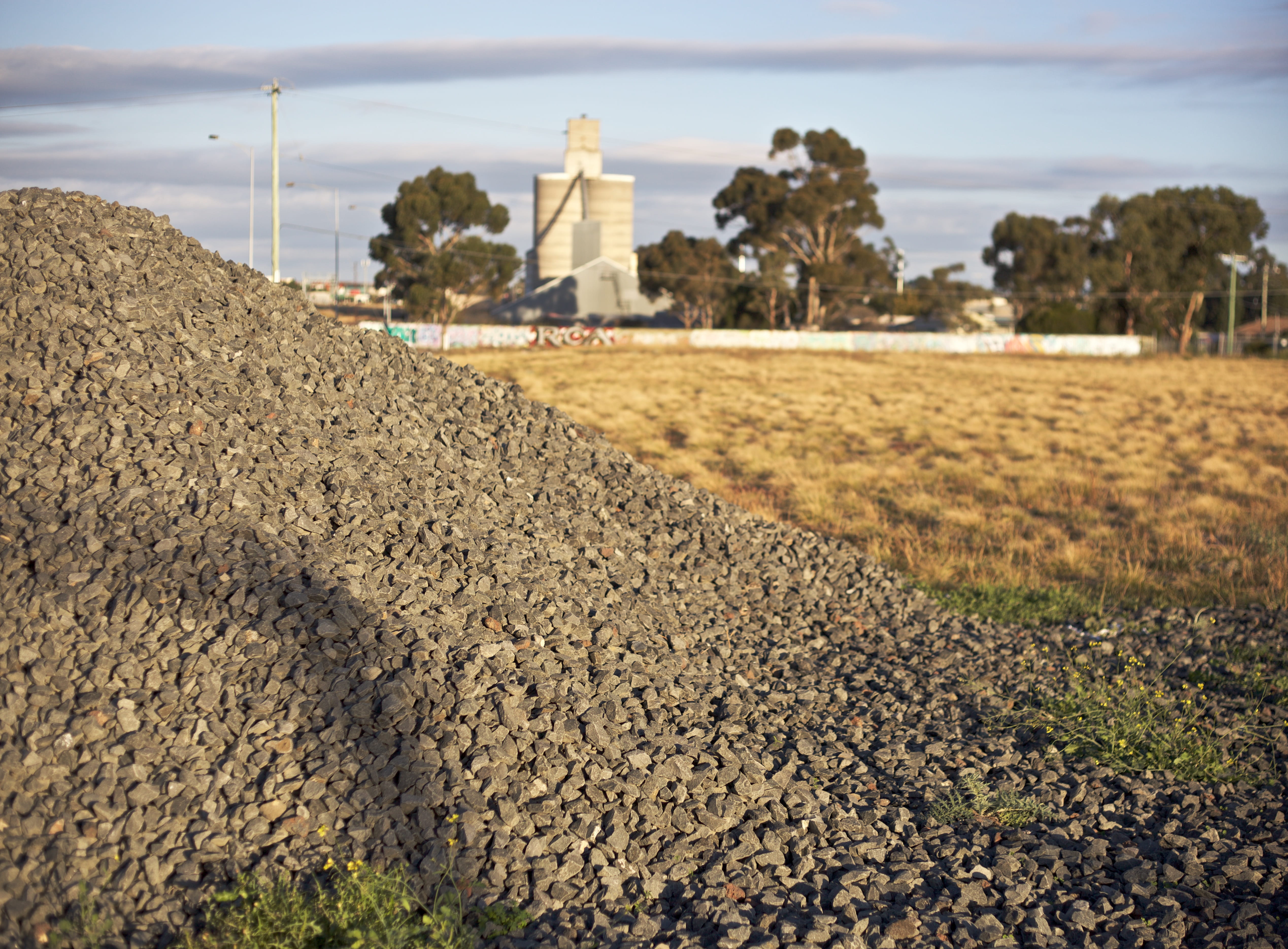 day, field, sky, rock, winter morning, built structure, plant, building exterior, solid, pile, industry, architecture, silos, gravel, weeds, surface level, HD Wallpaper