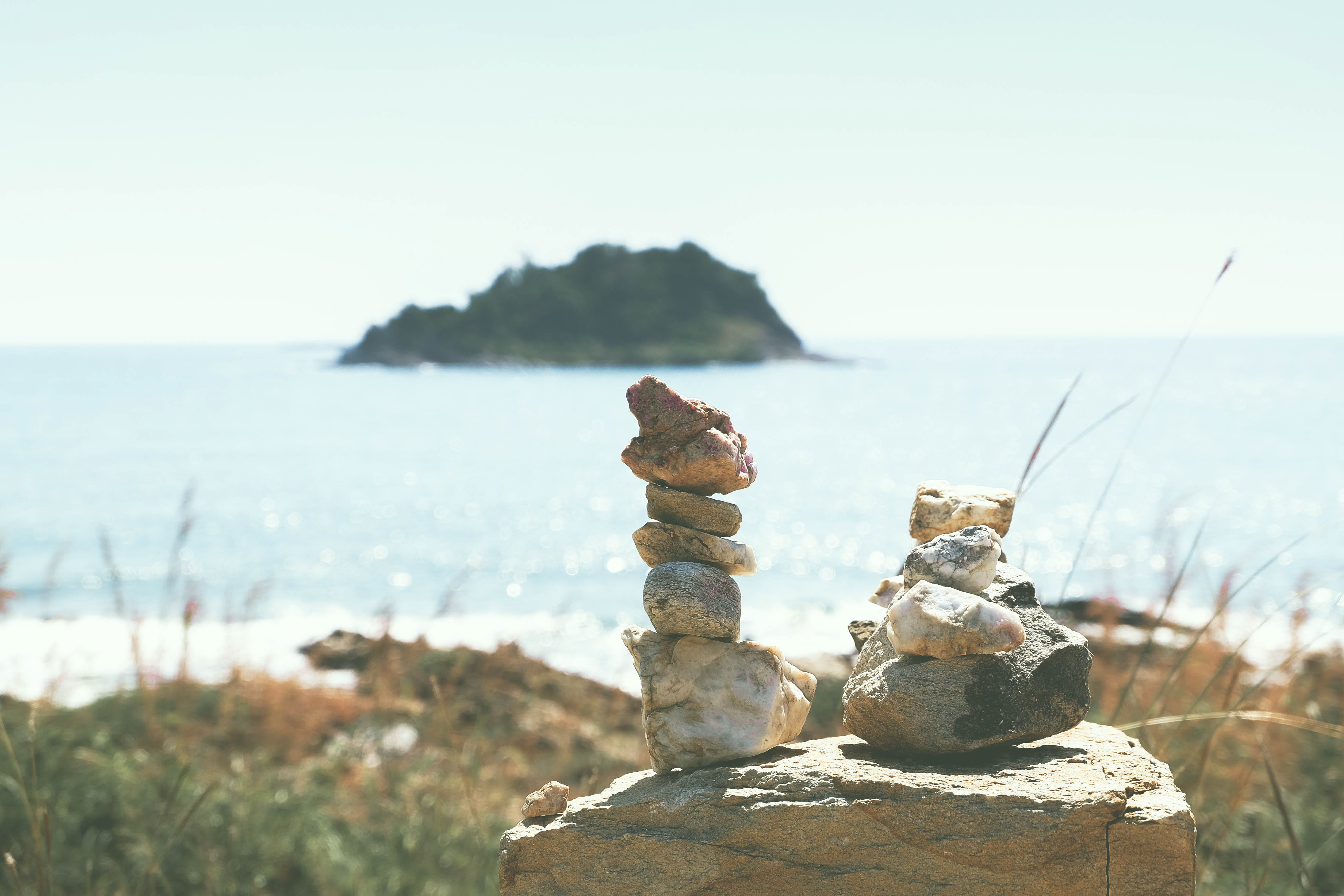 no people, focus on foreground, stone, sea, close-up, stack, tranquility, tranquil scene, outdoors, stones, green, beach, rock - object, solid, 4K, land, HD Wallpaper