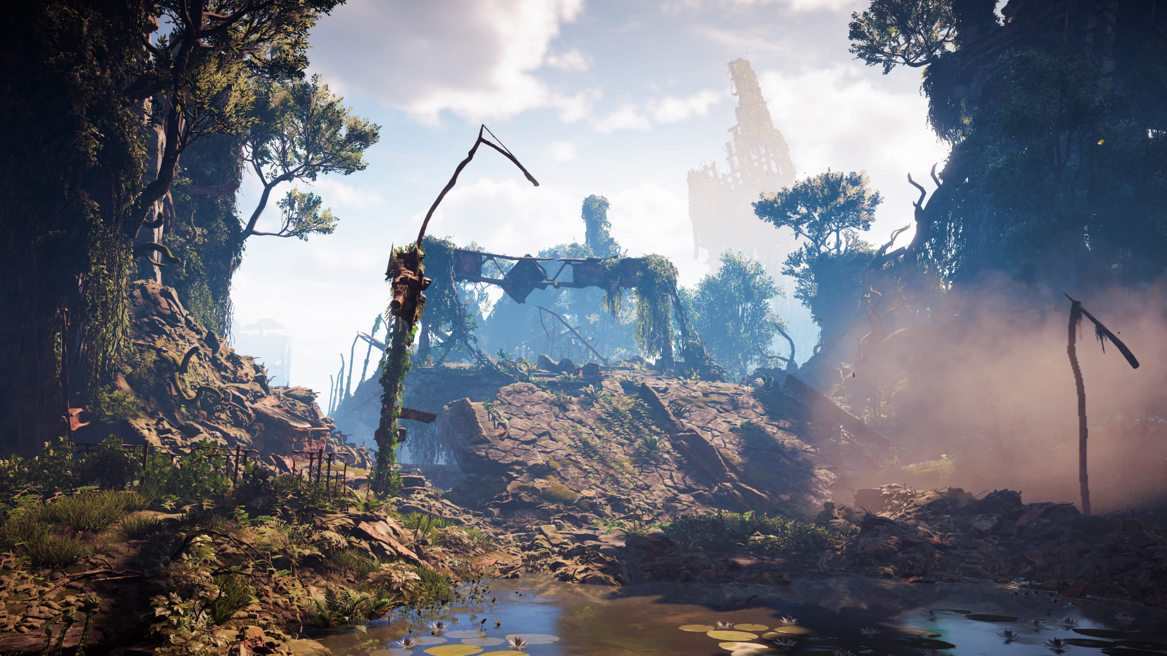 apocalyptic, video games, 4K, Harvest, screen shot, Video Game Art, overgrown, city, PlayStation 4, horizon zero dawn, nature, Horizon: Zero Dawn, Playstation 4 Pro, HD Wallpaper