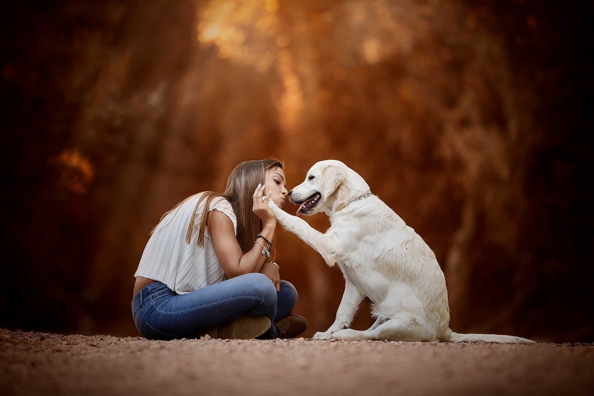 model, retriever, jeans, brunette, depth of field, dog, pets, people, women, mammal, golden retrievers, care, love, playing, positive emotion, 1080P, face to face, HD Wallpaper