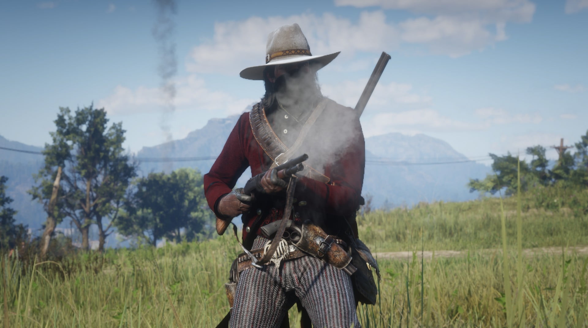 shotgun, Red Dead Redemption 2, grass, trees, mountains, screen shot ...