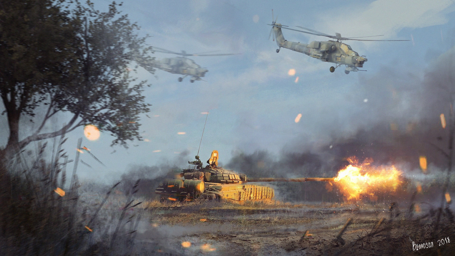 Iron, Combat operations, War machine, Mi-28, Sparks, Ми28, BBC, Tank, T-72, Fire, Military equipment T-72 and Mi28, 1080P, The air, by Anatoliy Petrov, HD Wallpaper