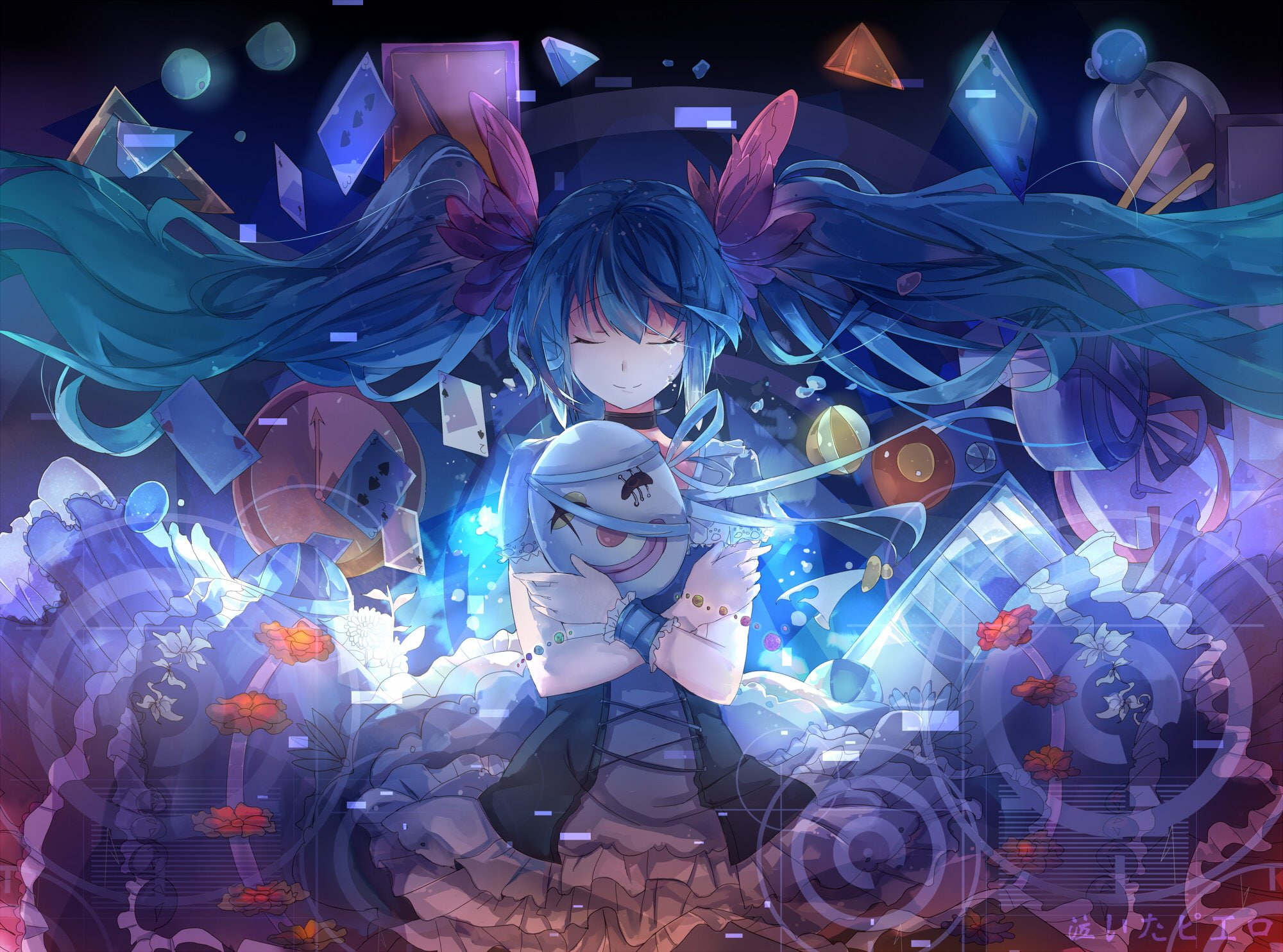 pierrot, vocaloid, miku, hair, karakuri, blue, 1080P, hatsune, long, HD Wallpaper