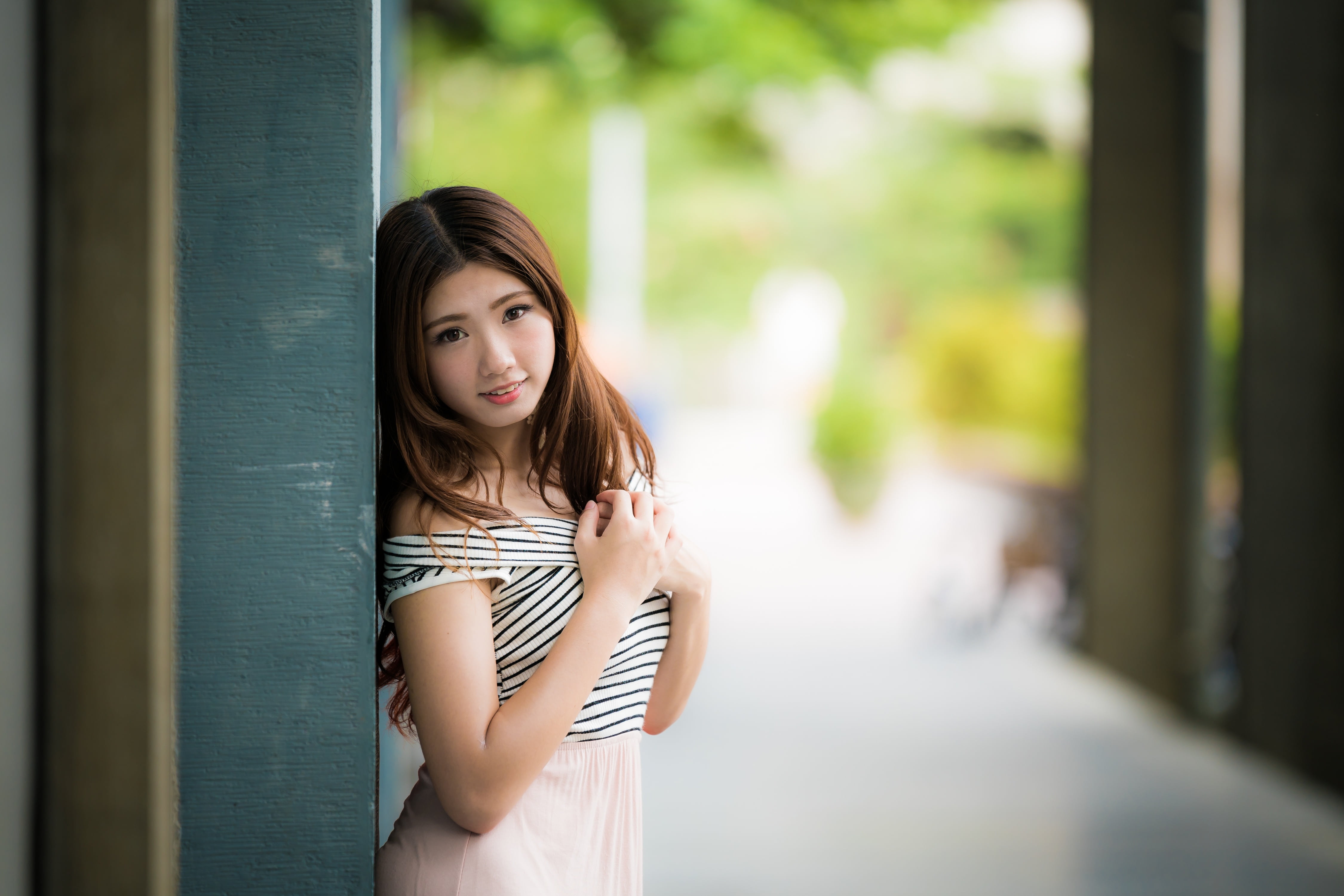 casual clothing, waist up, Asian, hands on chest, looking at camera, contemplation, one person, long hair, beauty, 4K, beautiful woman, standing, women outdoors, HD Wallpaper