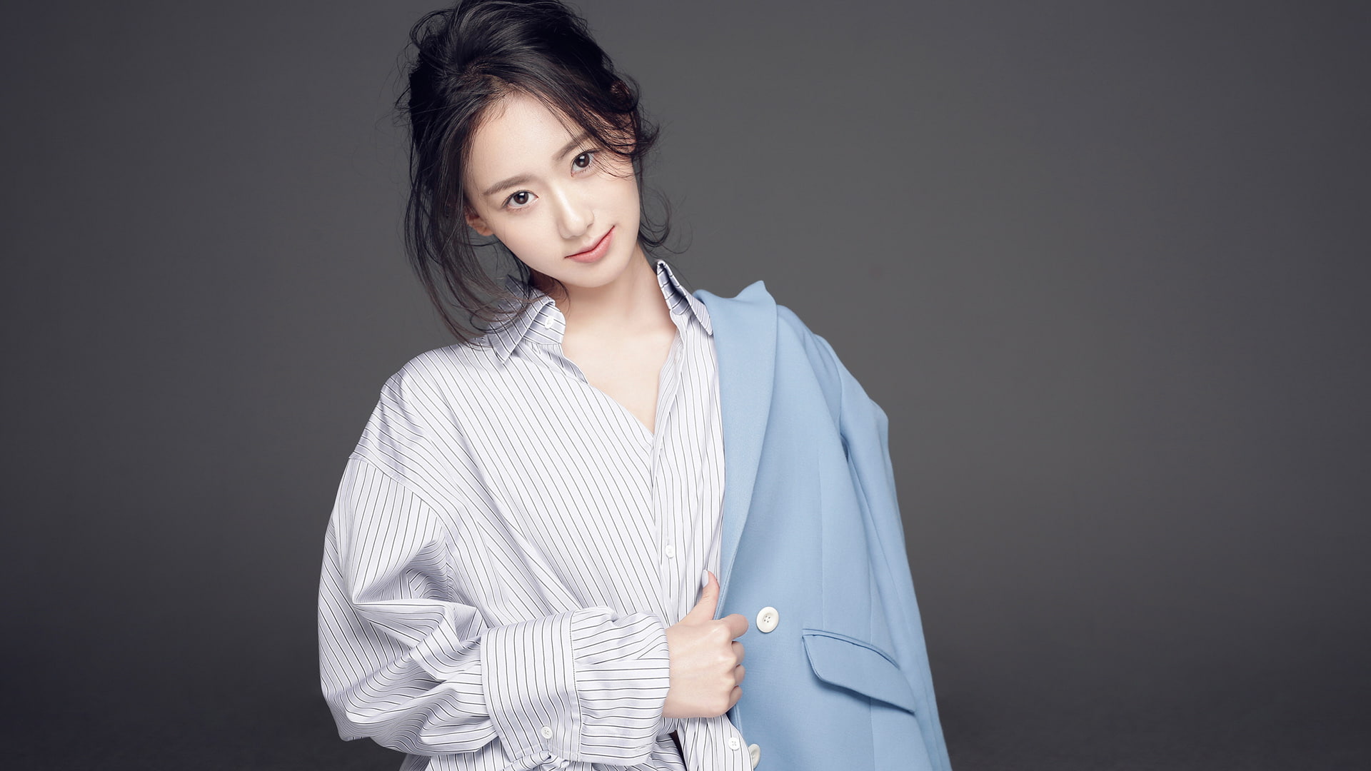 1080P, women, brunette, smiling, portrait, striped clothing, photography, Asian, looking at viewer, dark hair, model, HD Wallpaper