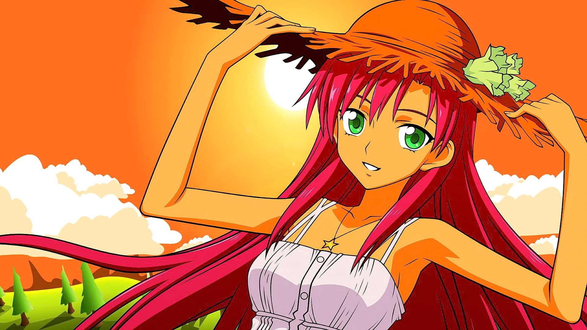 no people, anime girls, sunset, creativity, red, toy, amusement park ride, nature, sky, art and craft, long hair, looking at viewer, representation, redhead, HD Wallpaper
