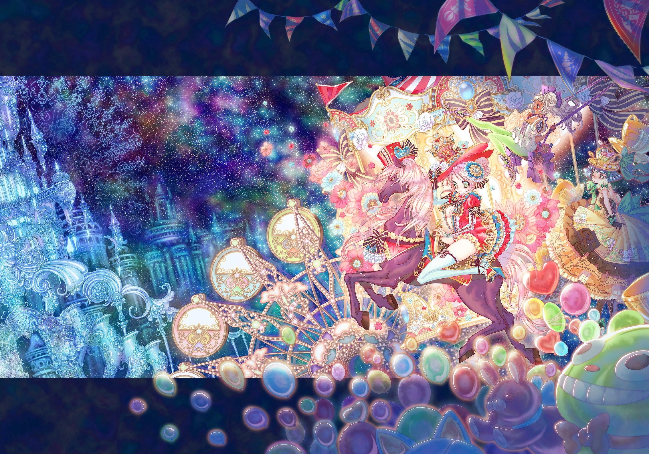girls, street, magic, original, city, circus, horses, balloons, cute, color, 1080P, fair, HD Wallpaper