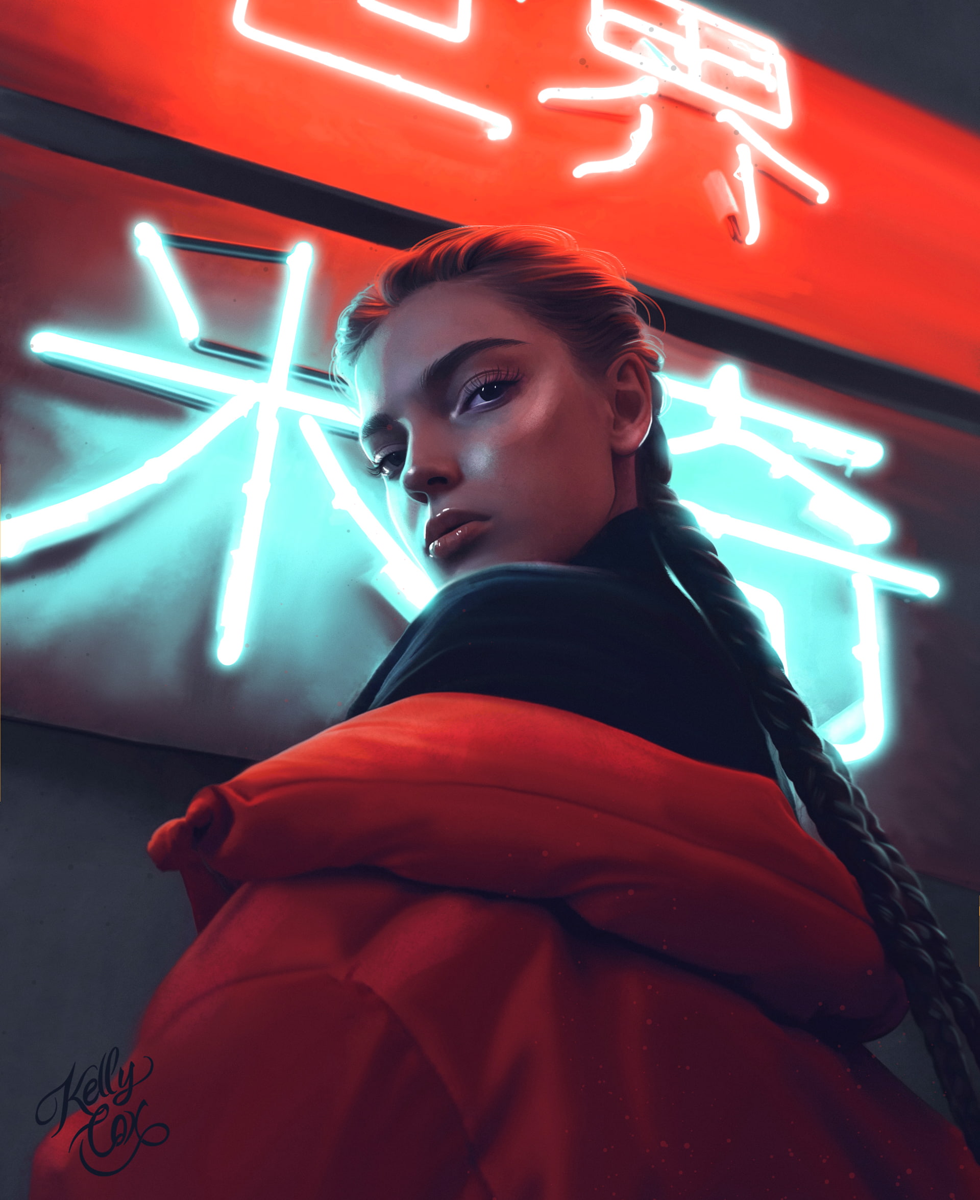 women, long hair, Kelly Cox, digital art, neon, 1080P, Phone HD Wallpaper