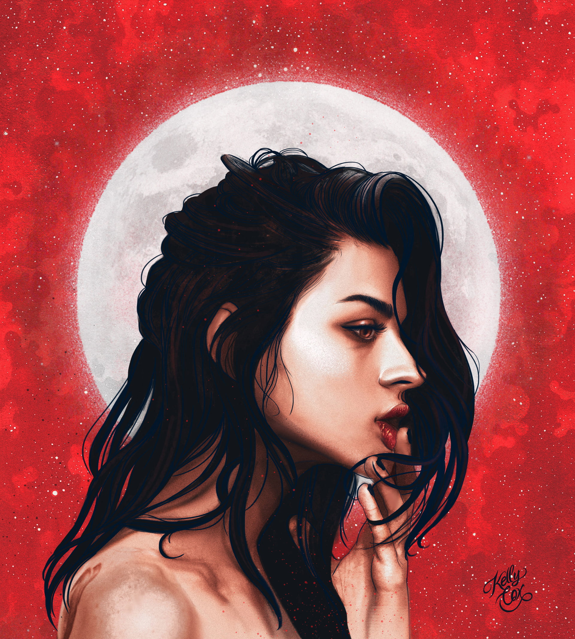 long hair, 1080P, profile, finger on lips, signatures, women, dots, blue hair, digital painting, Kelly Cox, red background, face, digital art, Moon, Phone HD Wallpaper