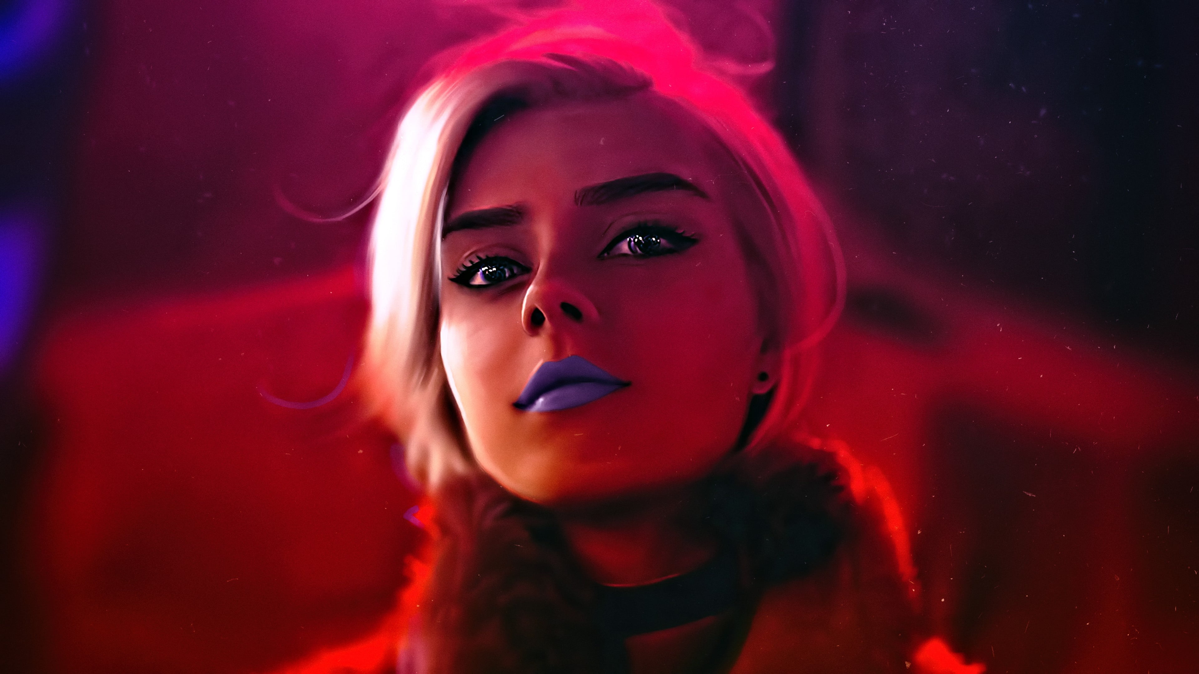 4K, purple, girl, Kelly Cox, woman, face, lipstick, beuti, blonde, HD Wallpaper