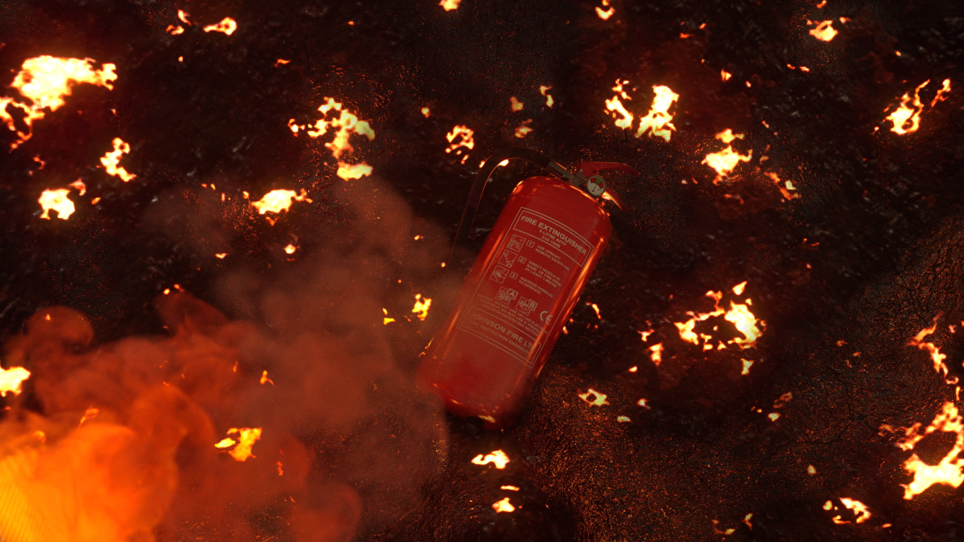 fire extinguishers, 1080P, OctaneRender, smoke, fire, rendering, debris, CGI, HD Wallpaper
