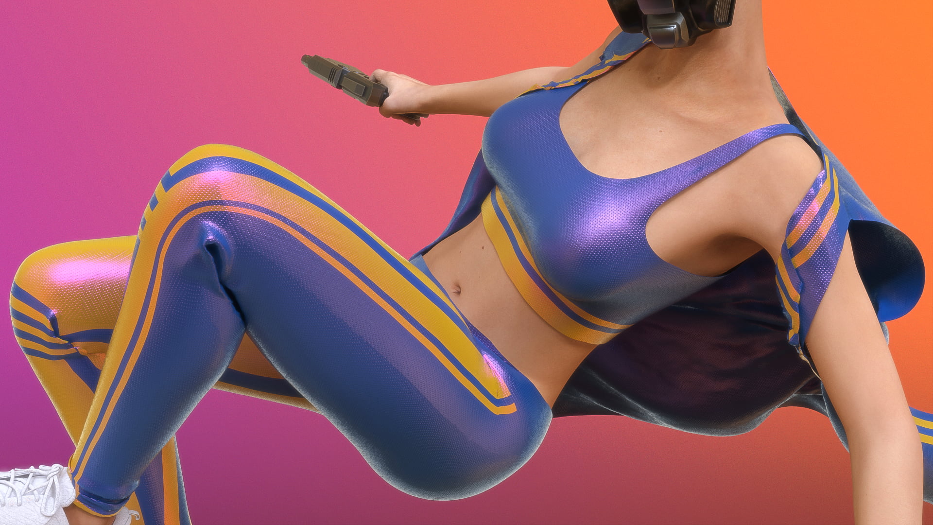 lifestyles, healthy lifestyle, Girl With Weapon, cyberpunk, blue, synthwave, laser pistol, jumping, 1080P, studio shot, young adult, women, yellow, track and field athlete, HD Wallpaper