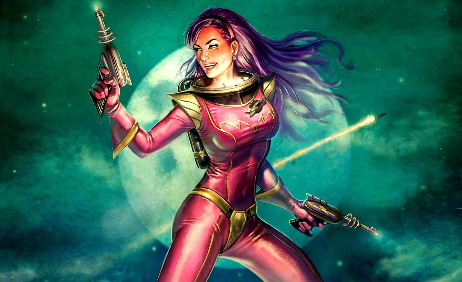Women, Space, Smile, Spacesuit, Woman, Girls and Guns, Artistic, Retro, Warrior, Gun, Laser, Pistol, 1080P, HD Wallpaper
