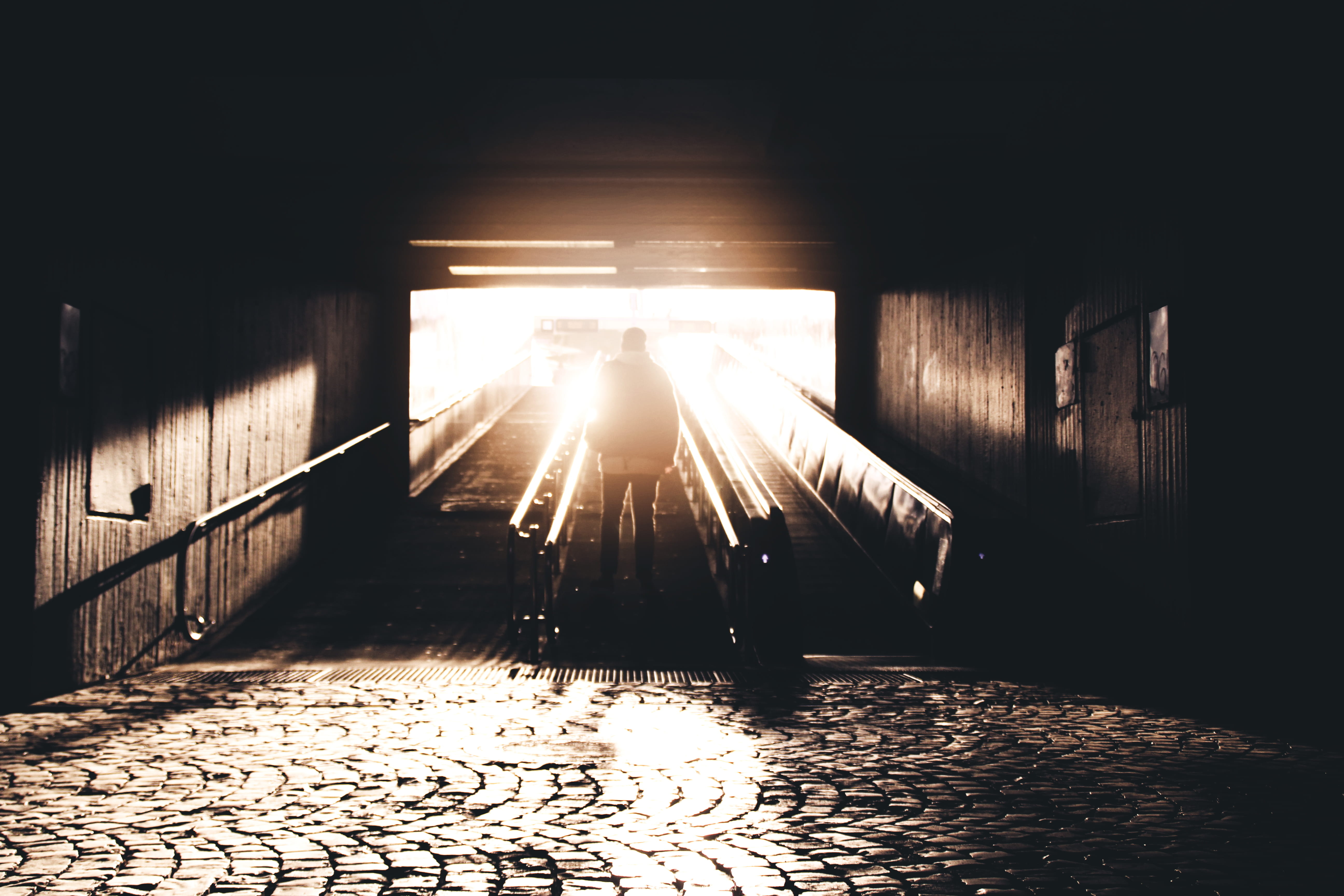 stair, illuminated, cobblestone, escalator, built structure, transportation, standing, building, reflection, city, daytime, stairs, the way forward, silhouette, HD Wallpaper