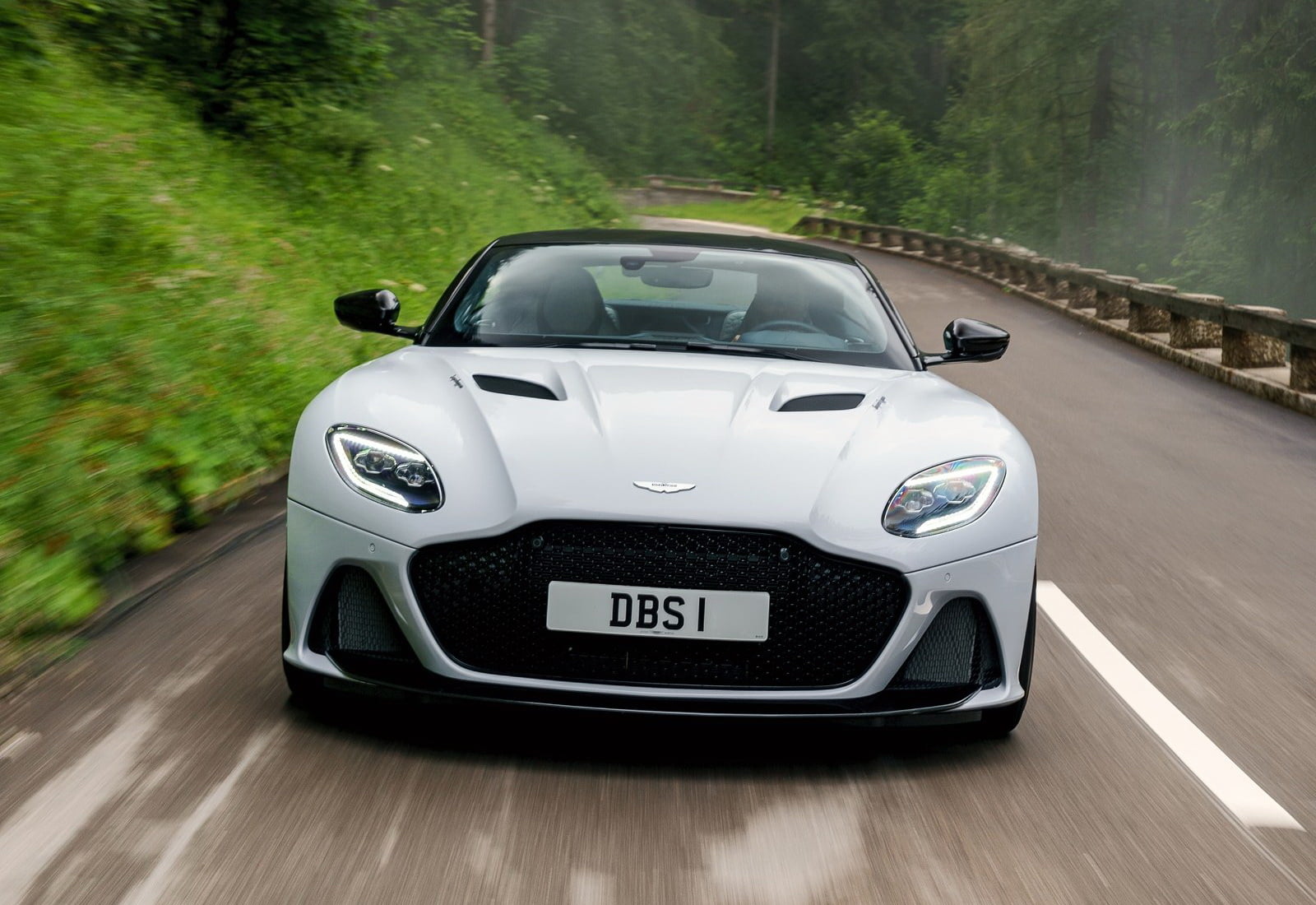 on the move, road, journey, superleggera, dbs, nature, car, 720P, blurred motion, tree, motor vehicle, land vehicle, (2019), green color, speed, white, HD Wallpaper
