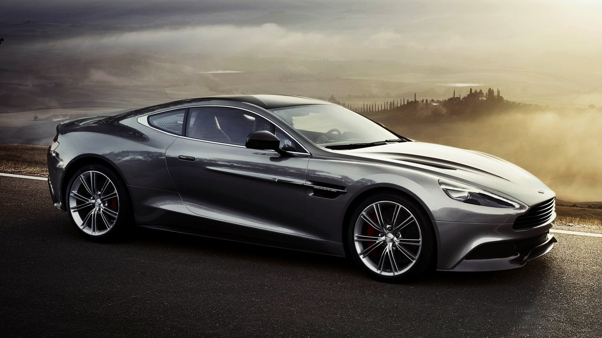 coupe, land vehicle, cloud - sky, tire, retro styled, gray, transportation, silver colored, car, motion, sky, mode of transportation, Aston Martin, luxury, HD Wallpaper