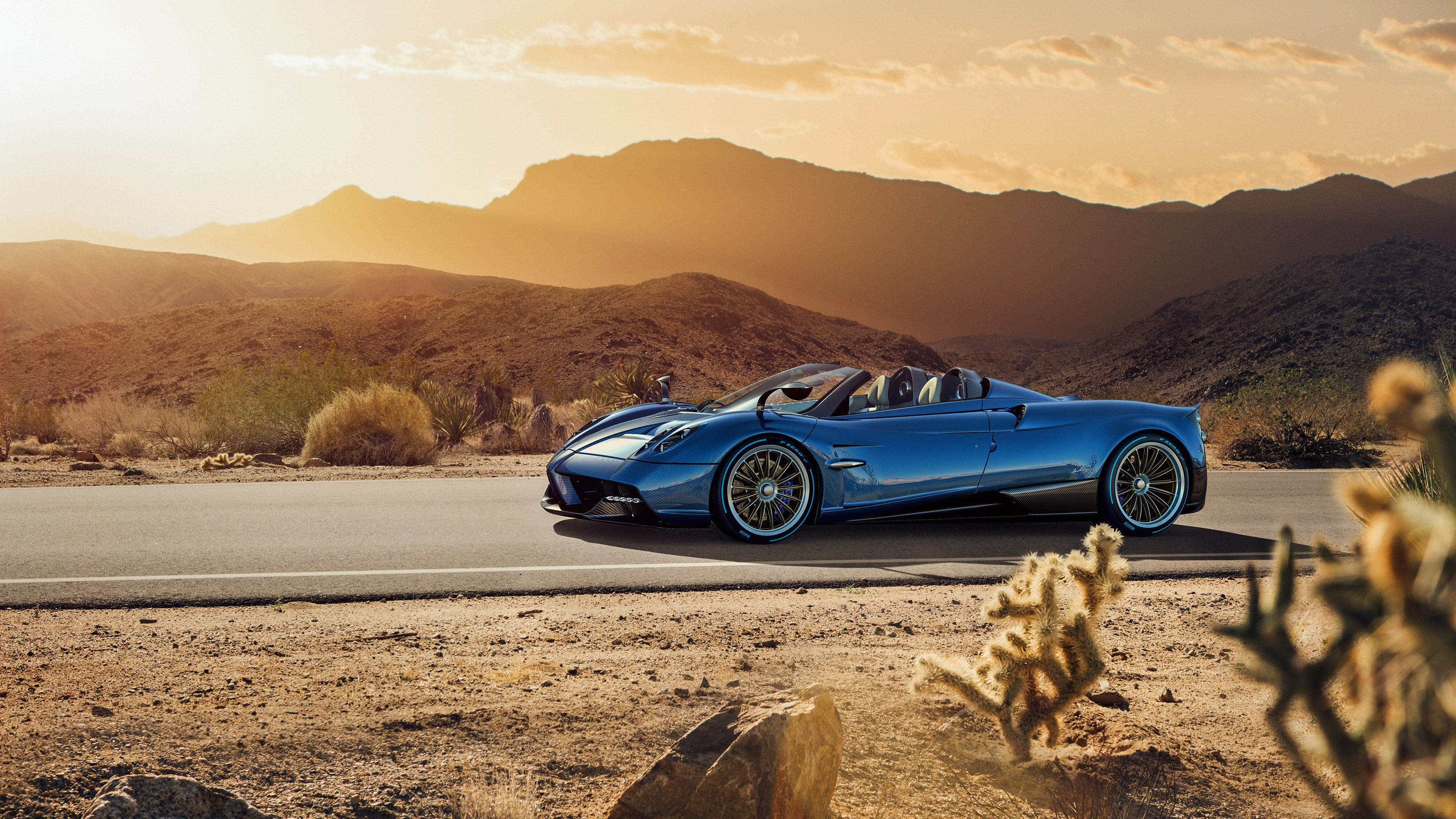 roadster, mode of transportation, beauty in nature, travel, 4K, pagani huayra, sunlight, outdoors, road trip, transportation, blue car, motor vehicle, HD Wallpaper