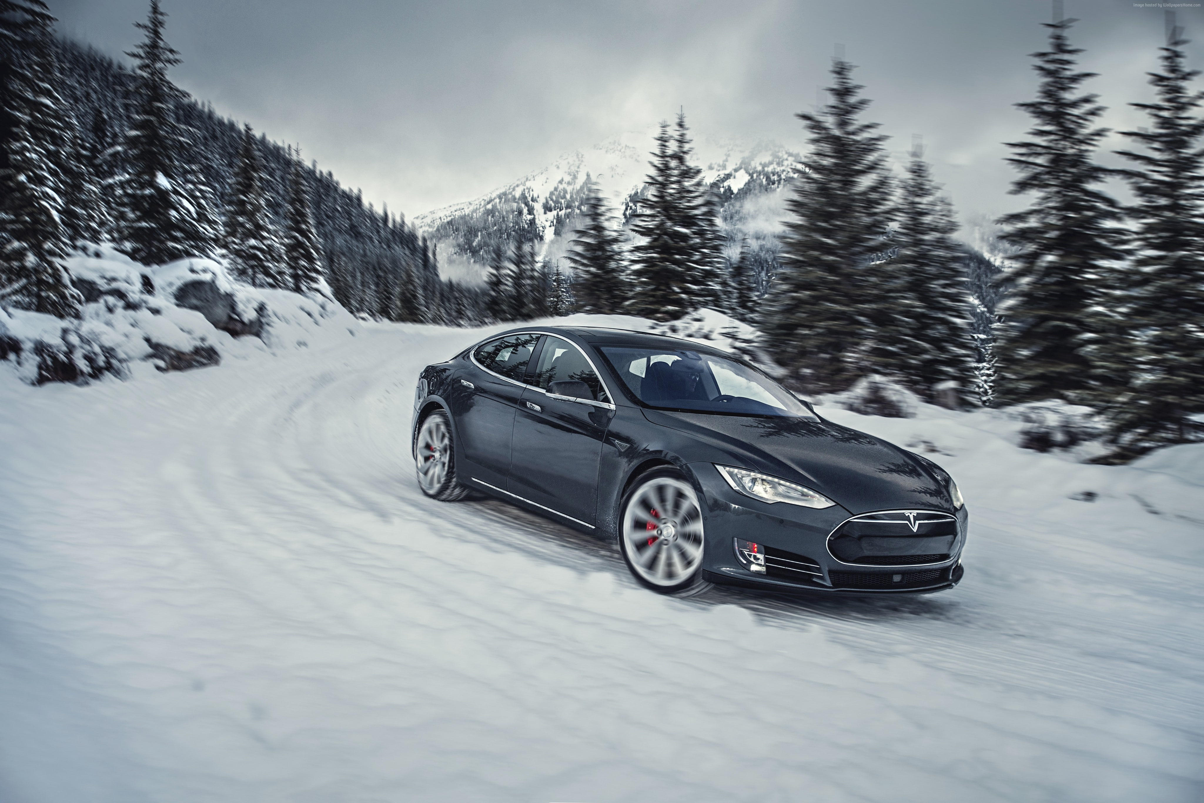 cold temperature, mode of transportation, sport, mountain, winter, white color, nature, snowing, Tesla model S P85D, sport cars, beauty in nature, travel, HD Wallpaper
