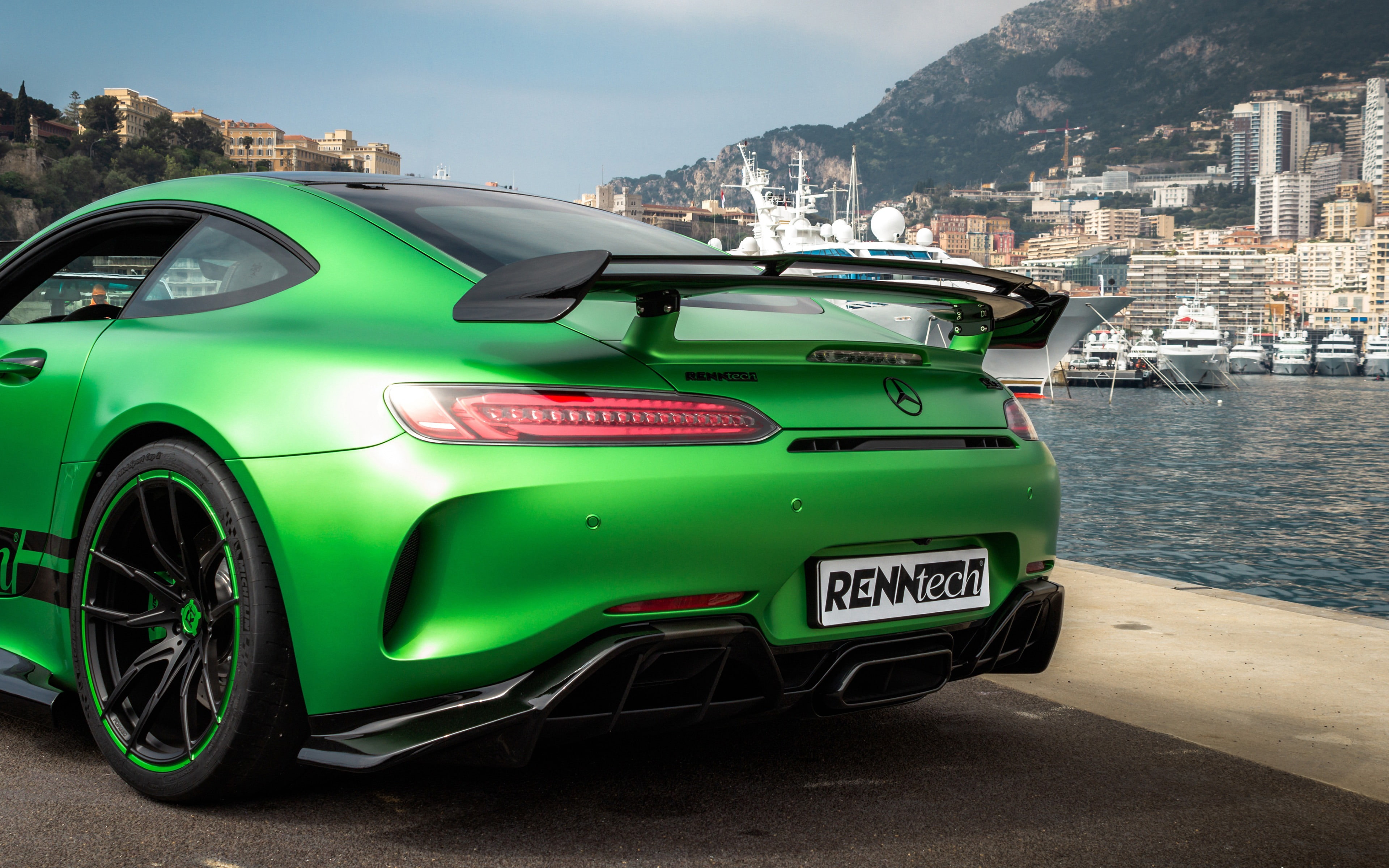water, mercedes, travel, nature, built structure, cityscape, land vehicle, luxury, 4K, no people, building exterior, renntech, building, gtr, green, outdoors, HD Wallpaper