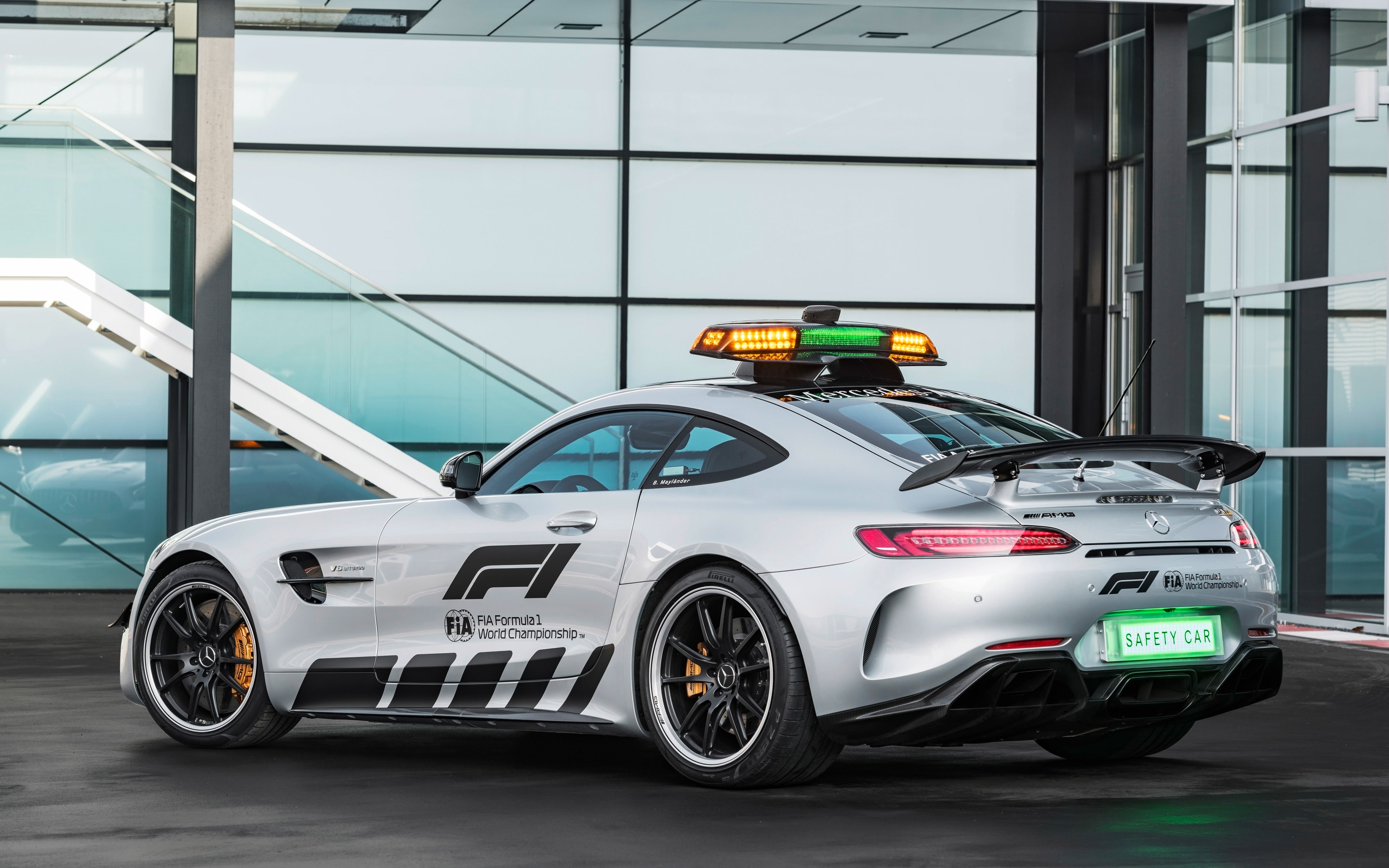 day, land vehicle, racing, 2018, white color, city, mercedes-amg, motor vehicle, building exterior, f-1, transportation, communication, outdoors, mode of transportation, HD Wallpaper