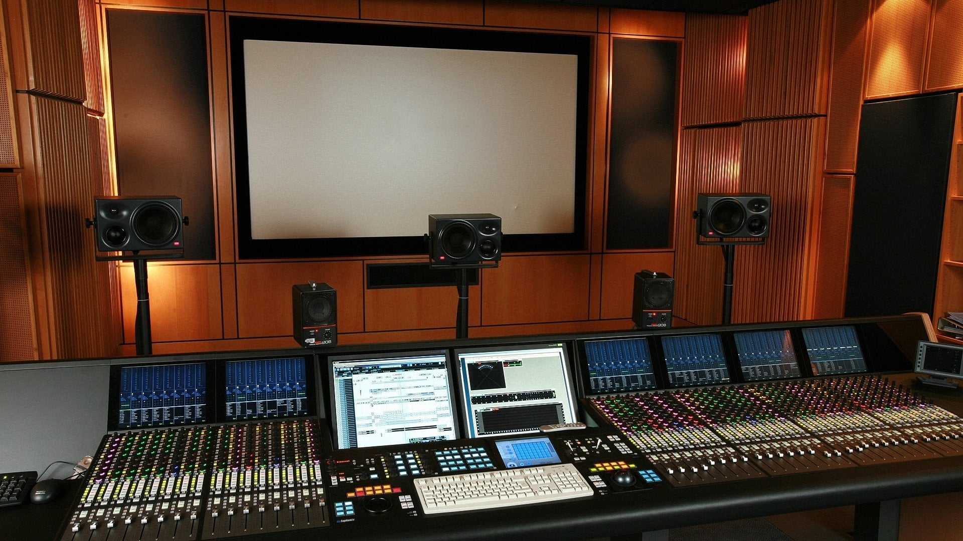 speaker, sound mixer, control room, indoors, audio equipment, 1080P, computer, technology, Studio, communication, mixing, computer monitor, computer equipment, HD Wallpaper