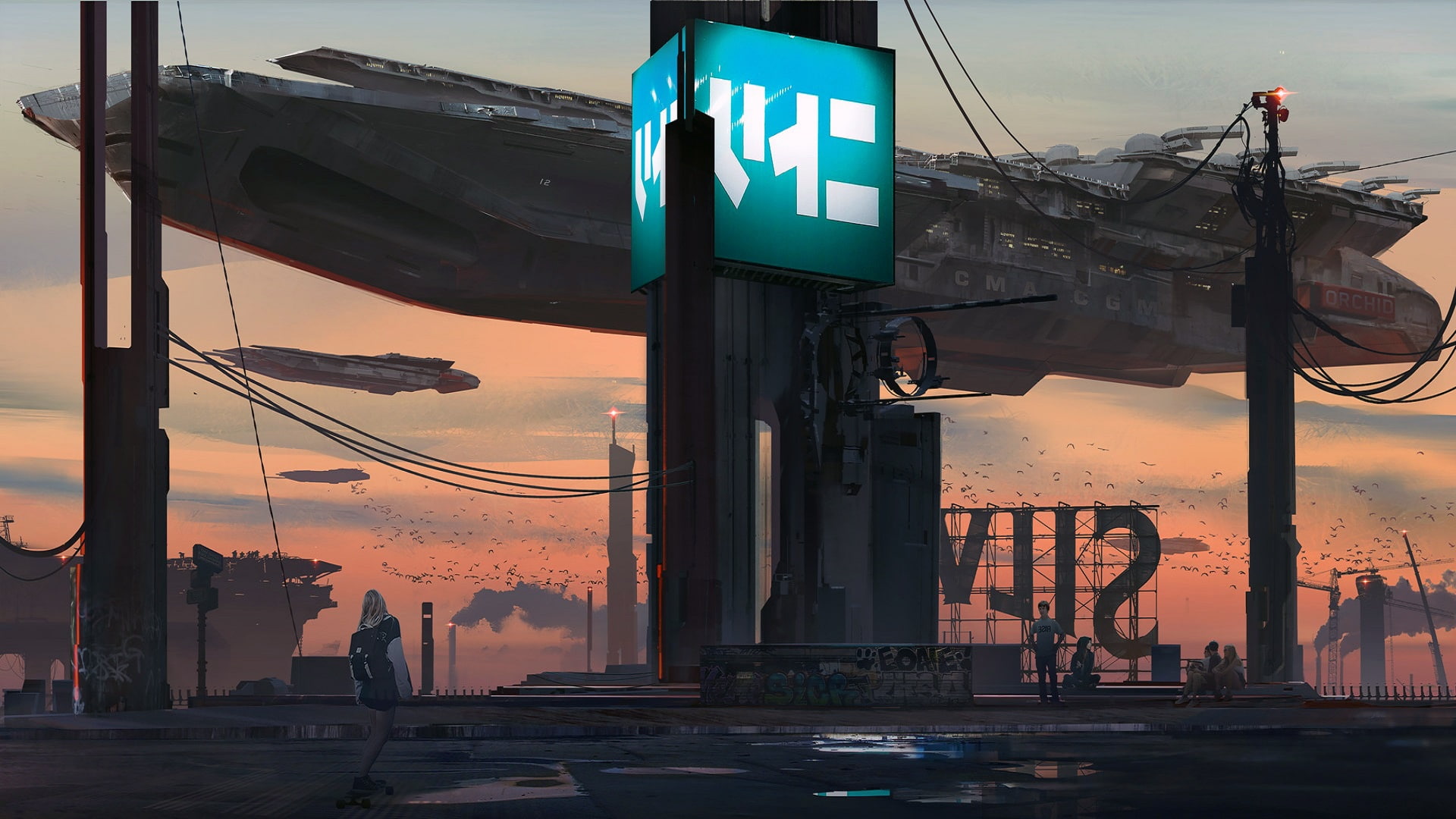 science fiction, birds, boy, evening, artwork, Klaus Wittmann, rooftops, futuristic, sci-fi, twilight, fantasy, people, graffiti, Spaceships, girl, billboards, HD Wallpaper