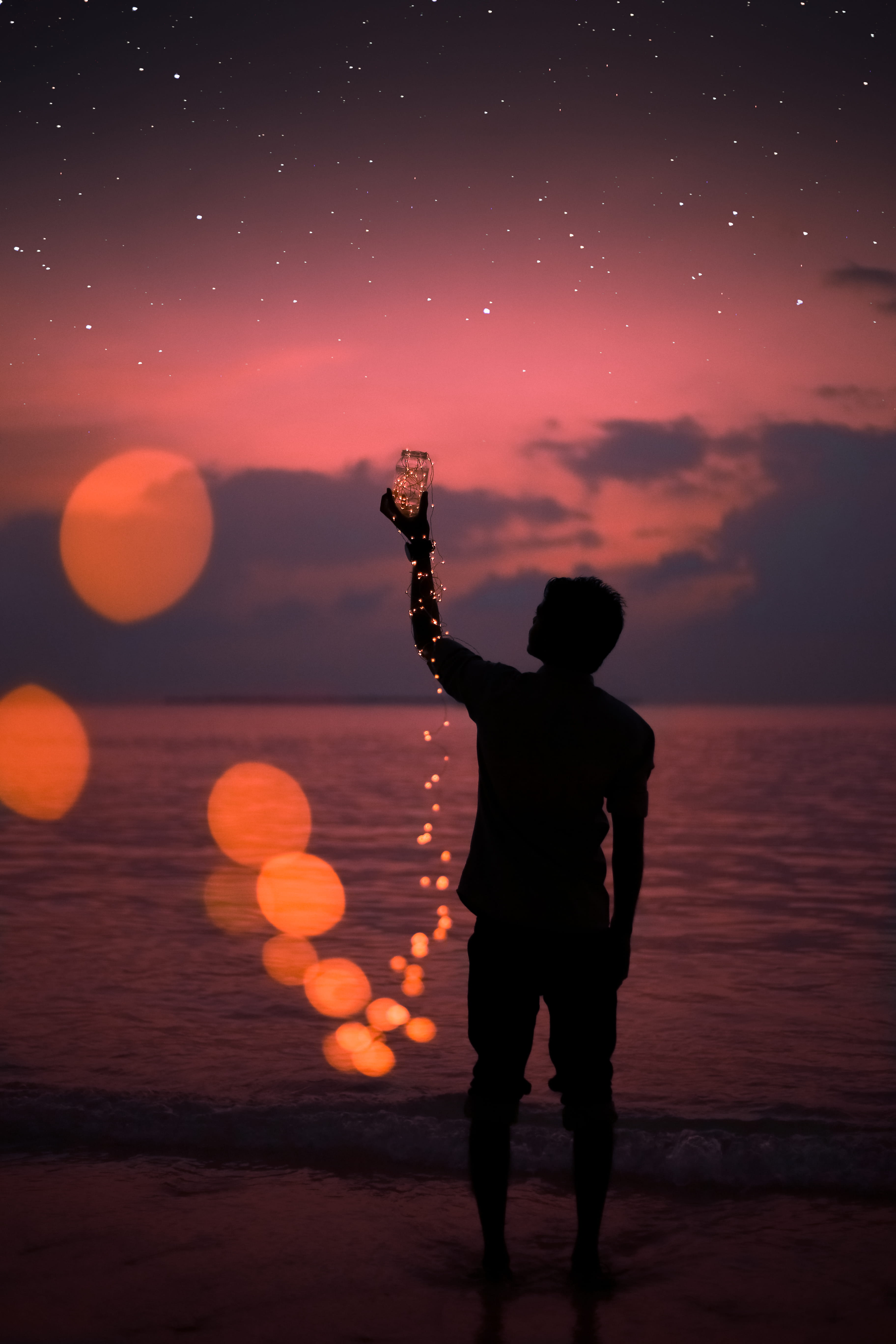 bokehs, bokeh, beauty in nature, dream, one person, night, leisure activity, full length, land, outdoors, men, friends, scenics - nature, Phone HD Wallpaper
