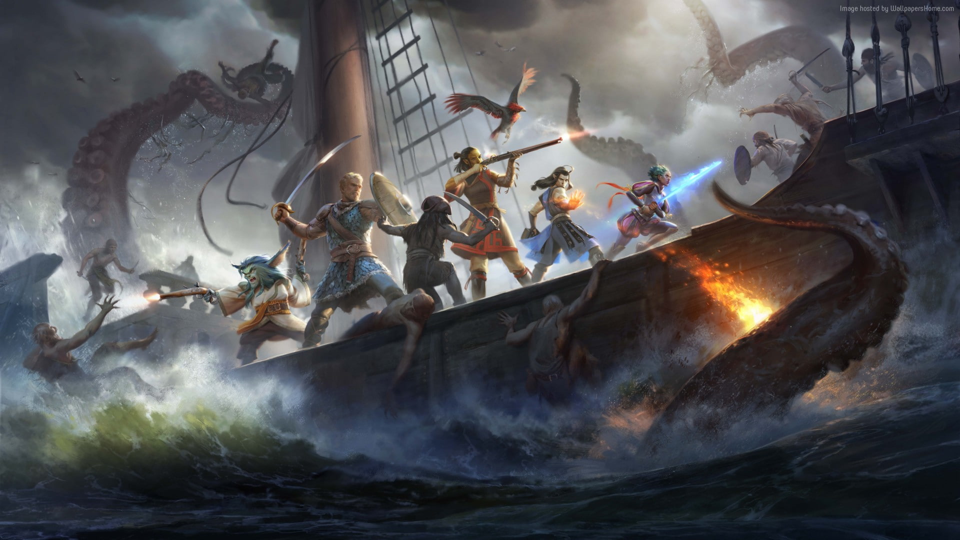 day, splashing, motion, 8k, flame, heat - temperature, group of people, screenshot, water, people, accidents and disasters, 1080P, sea, fire, men, nautical vessel, HD Wallpaper